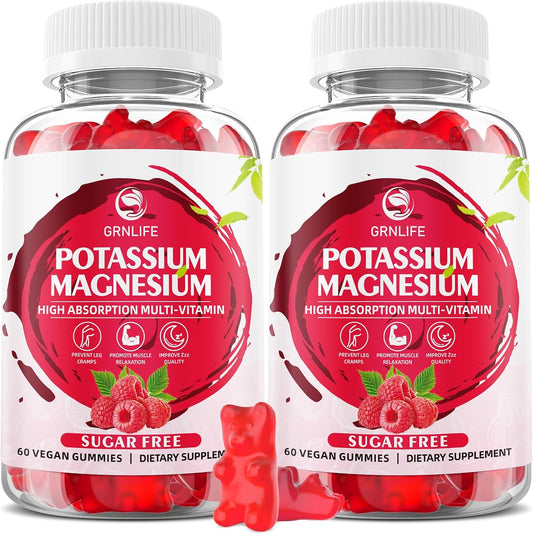 Sugar-Free Potassium Magnesium Gummies for Immune Health & Leg Cramps - 120 Count Raspberry Flavored Supplement for Adults & Kids with High Absorption Magnesium Glycinate by GrnLife