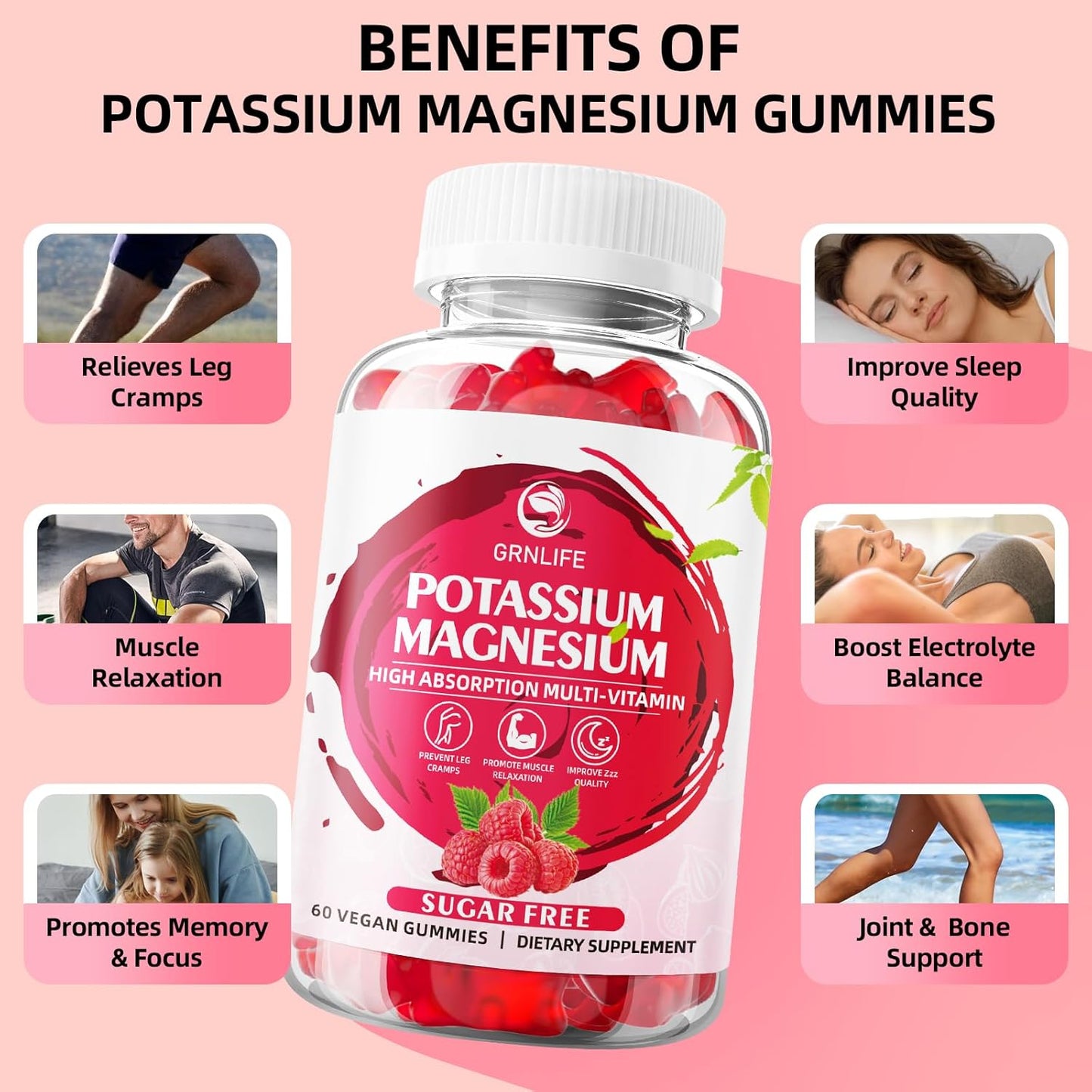 Sugar-Free Potassium Magnesium Gummies for Immune Health & Leg Cramps - 120 Count Raspberry Flavored Supplement for Adults & Kids with High Absorption Magnesium Glycinate by GrnLife