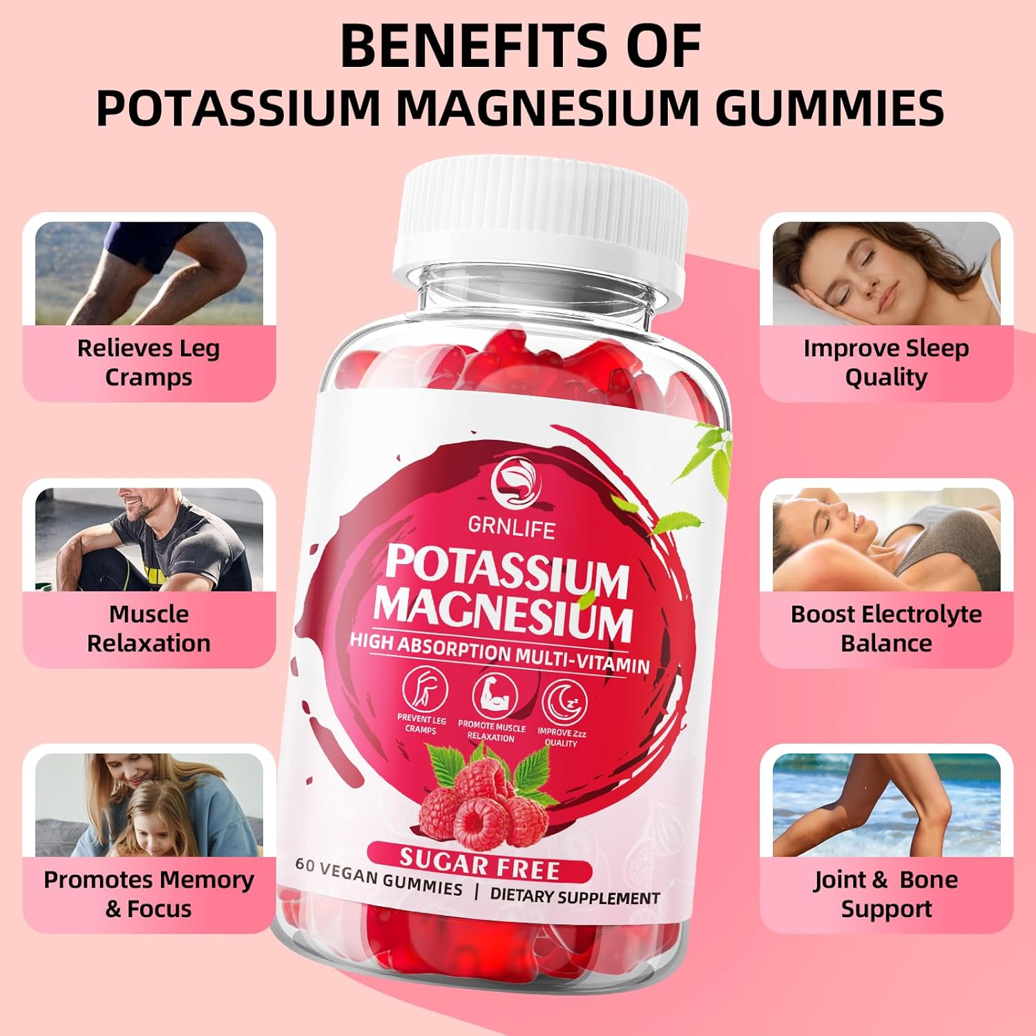 Sugar-Free Potassium Magnesium Gummies for Immune Health & Leg Cramps - 120 Count Raspberry Flavored Supplement for Adults & Kids with High Absorption Magnesium Glycinate by GrnLife