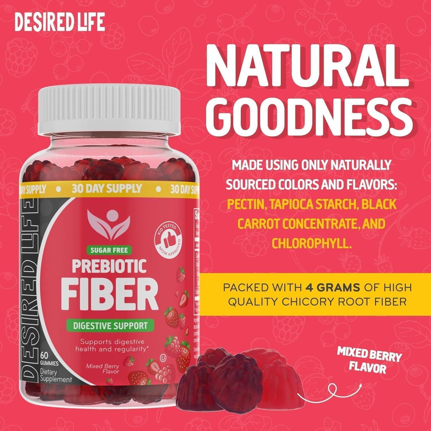 Sugar Free Prebiotic Fiber Gummies - Mixed Berry Flavored Plant Supplement for Adults & Kids - Promotes Digestive Health & Regularity - 60 Count Pack