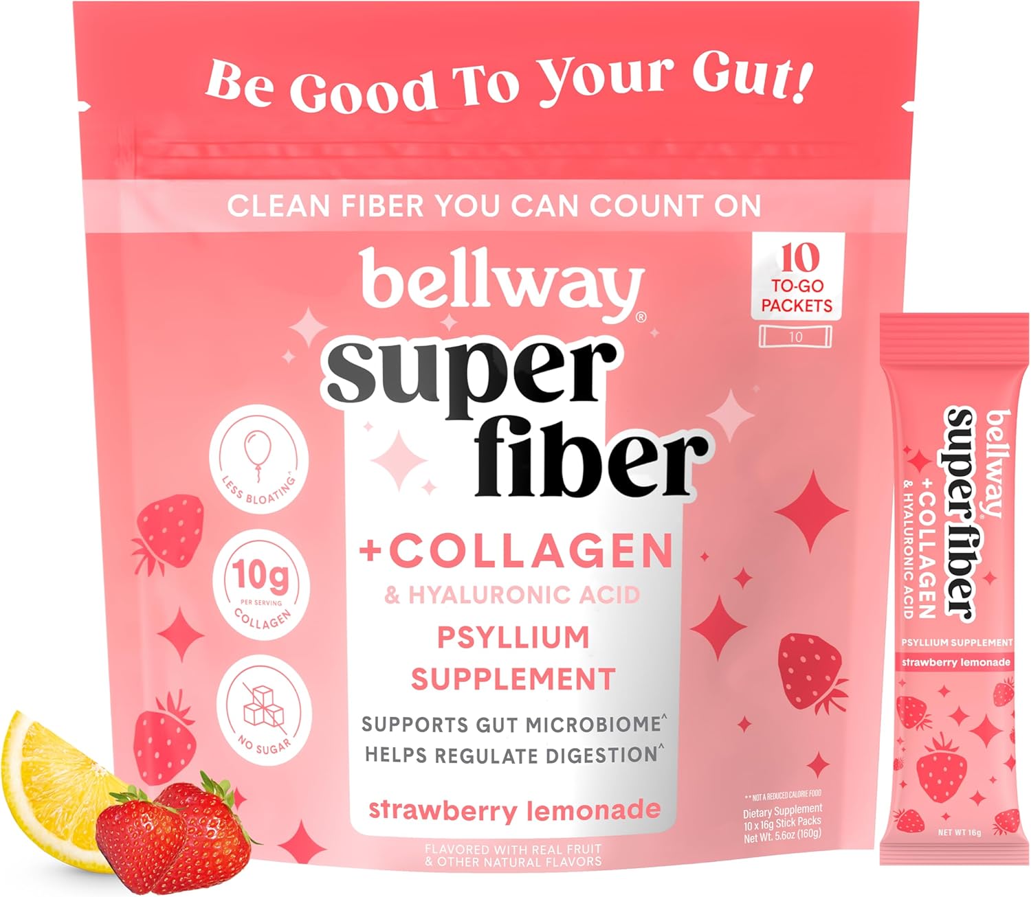 Sugar-Free Psyllium Husk & Collagen Packets for Gut Health & Healthy Skin, Nails, Bones, Joints - Strawberry Lemonade (10 Pack)