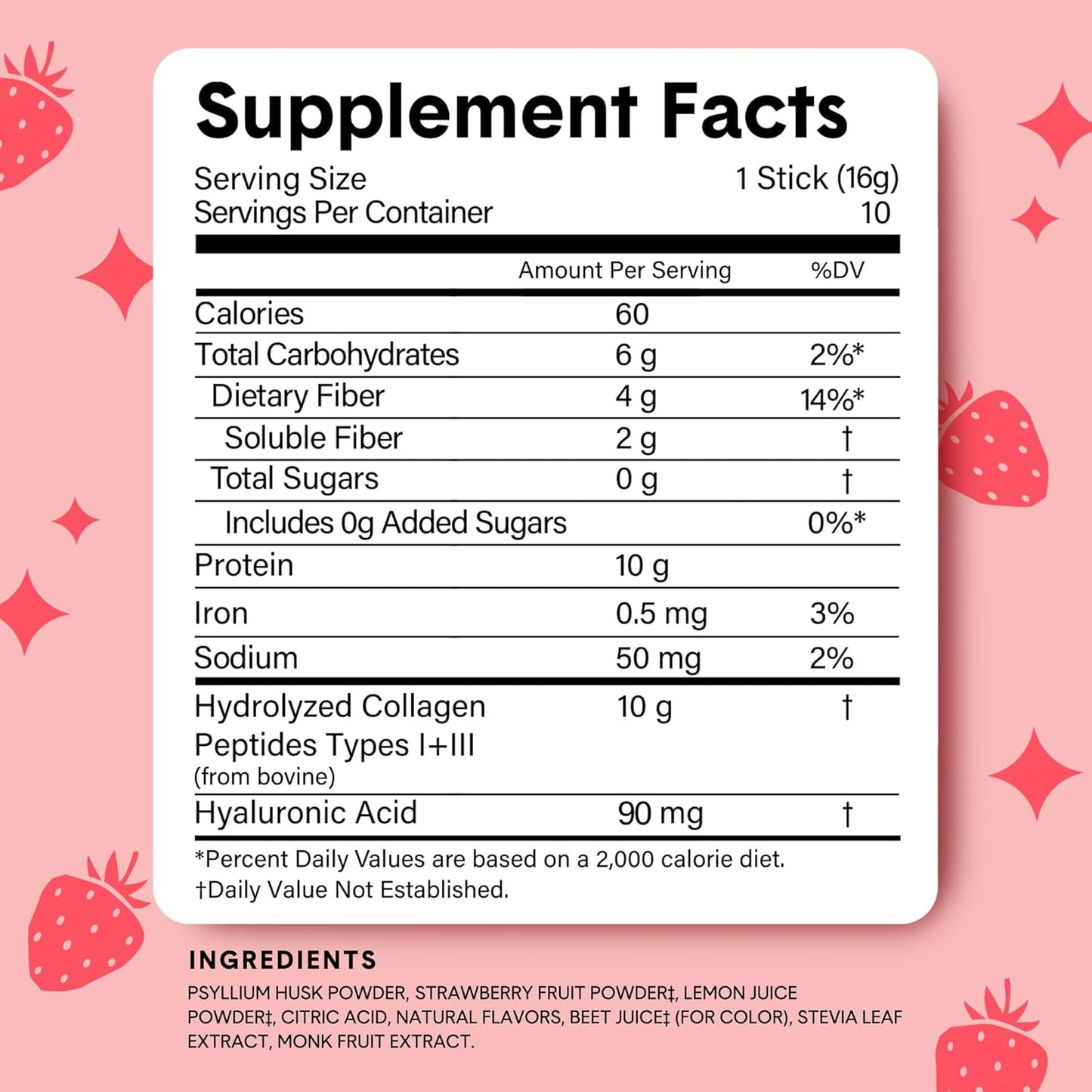 Sugar-Free Psyllium Husk & Collagen Packets for Gut Health & Healthy Skin, Nails, Bones, Joints - Strawberry Lemonade (10 Pack)