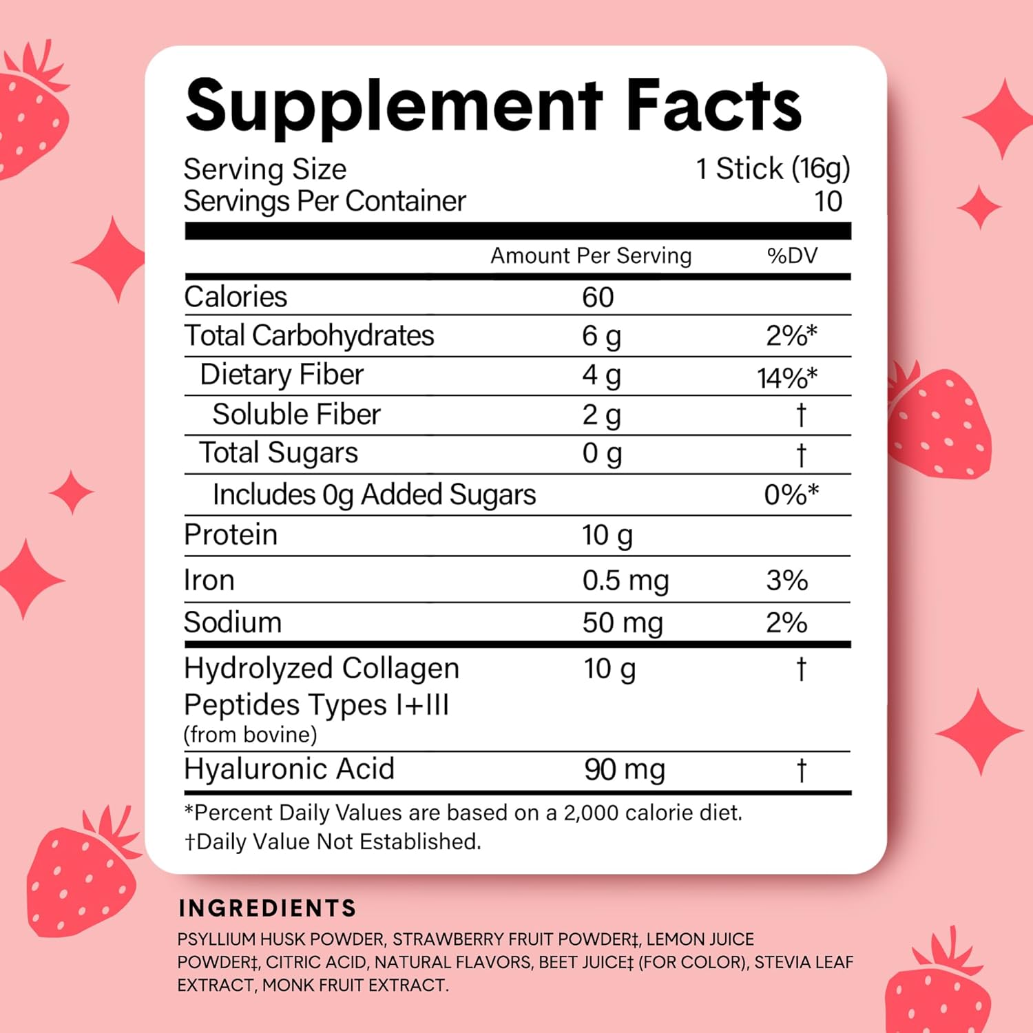 Sugar-Free Psyllium Husk & Collagen Packets for Gut Health & Healthy Skin, Nails, Bones, Joints - Strawberry Lemonade (10 Pack)