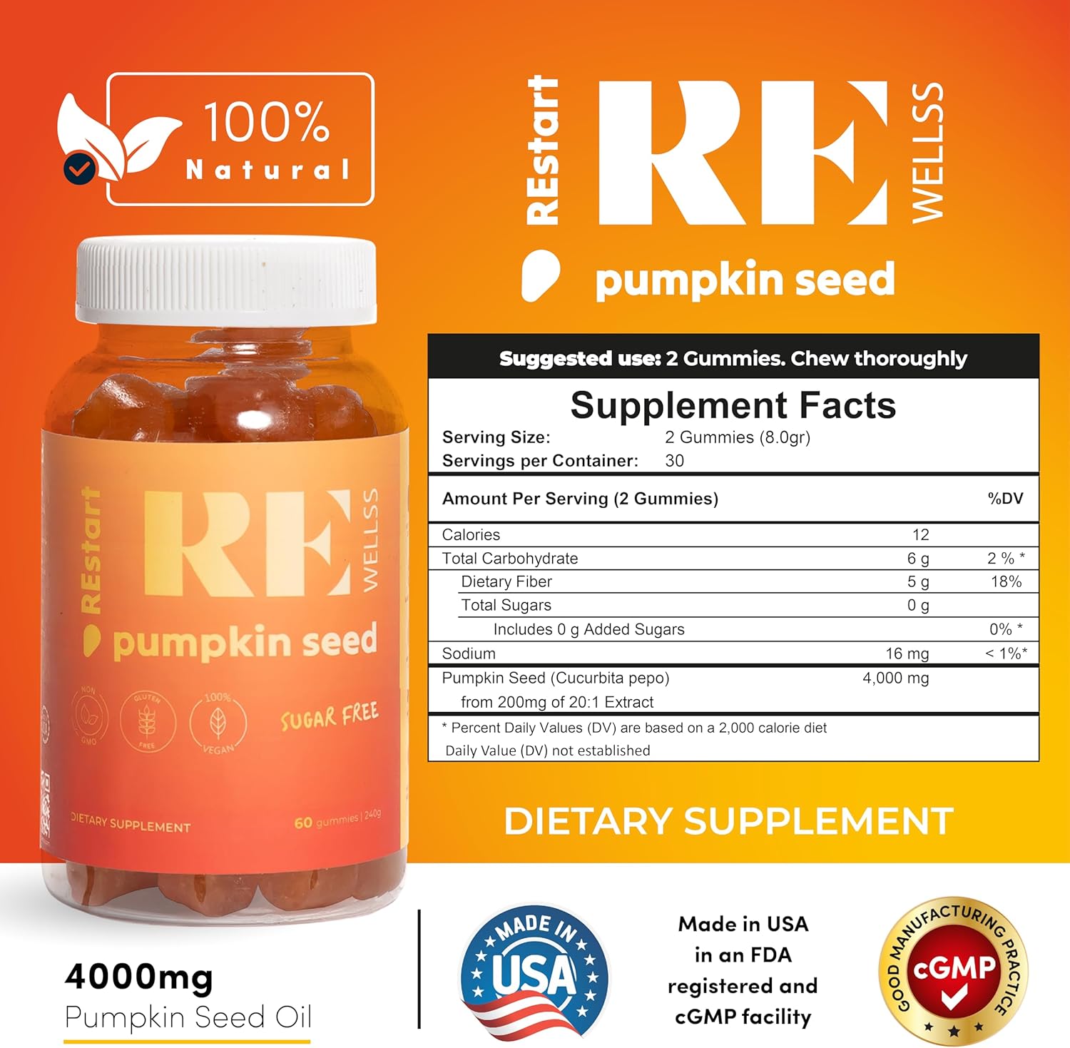Sugar-Free Pumpkin Seed Oil Gummies 4,000mg - Hair, Skin, & Prostate Health - Omega 3 & 6 - 2 Pack