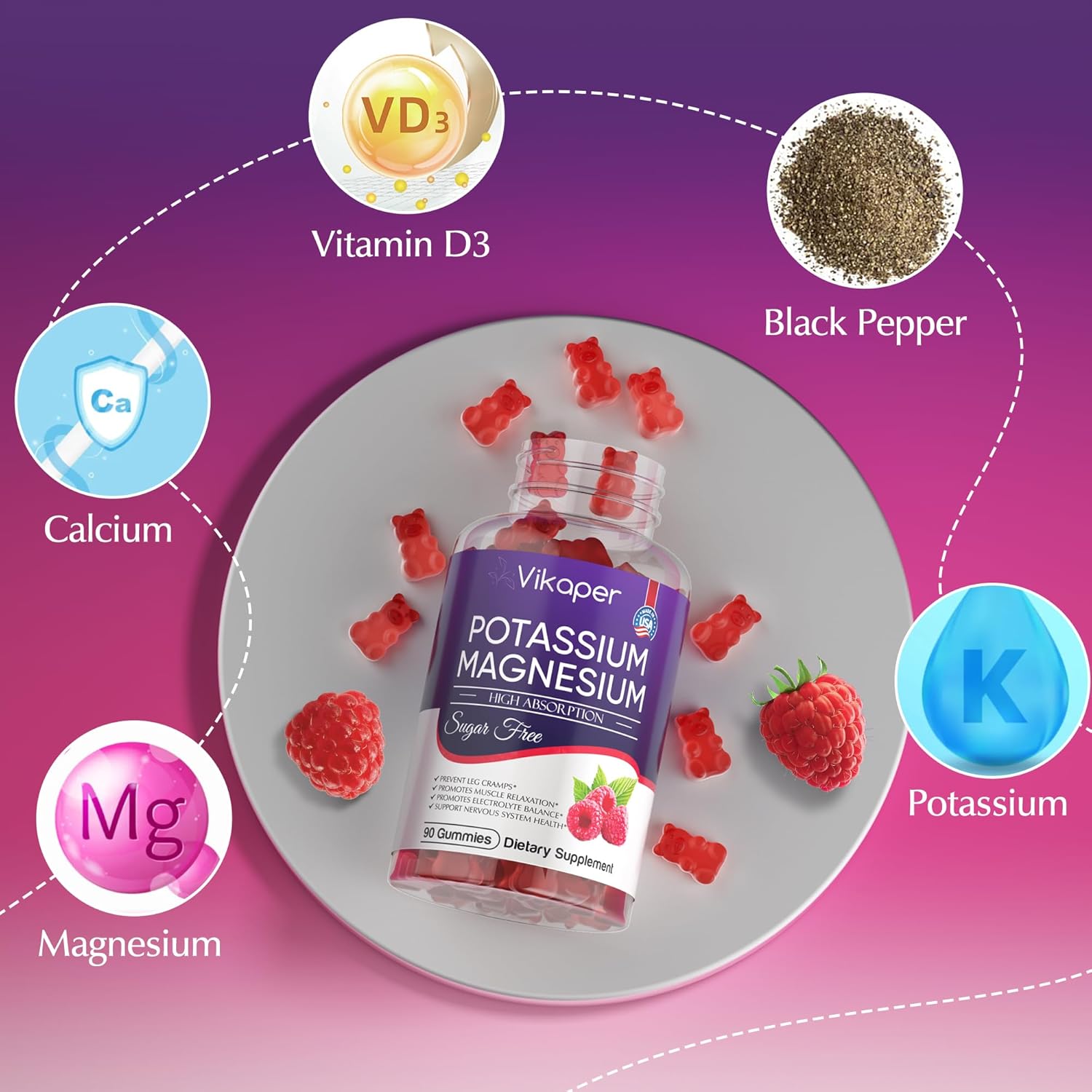 Sugar-Free Raspberry Flavored Potassium Magnesium Gummies 500mg Supplement for Improved Muscle and Heart Health - 180 Count