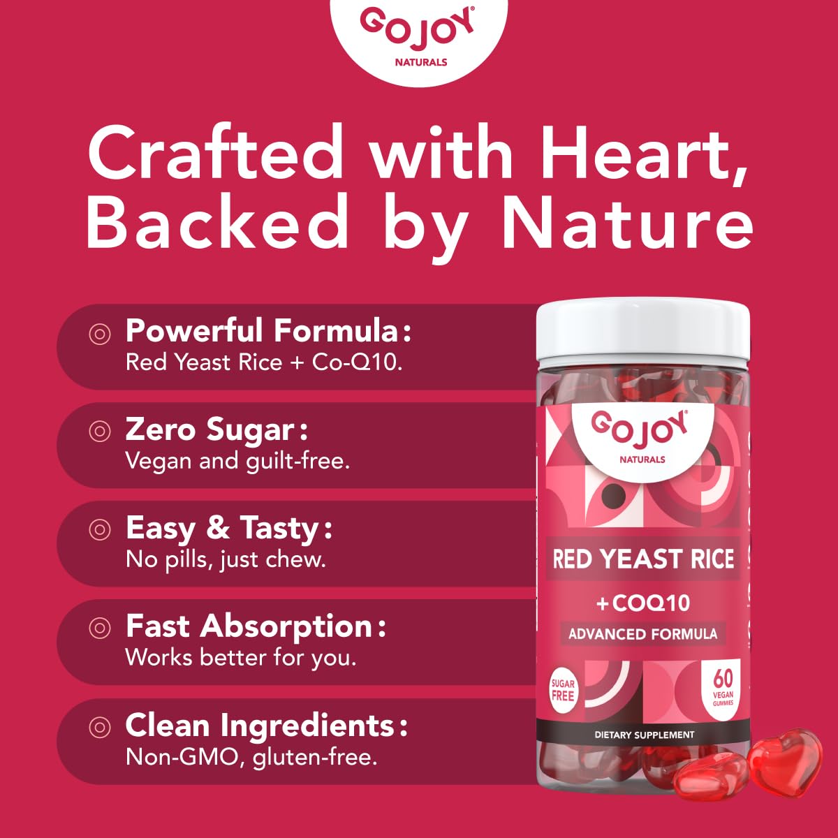 Sugar-Free Red Yeast Rice with CoQ10 Gummies - Vegan Cholesterol Supplements - Gluten-Free & Non-GMO Cholesterol Gummies - 1000 mg Red Rice Yeast Complex - Citrinin-Free Formula