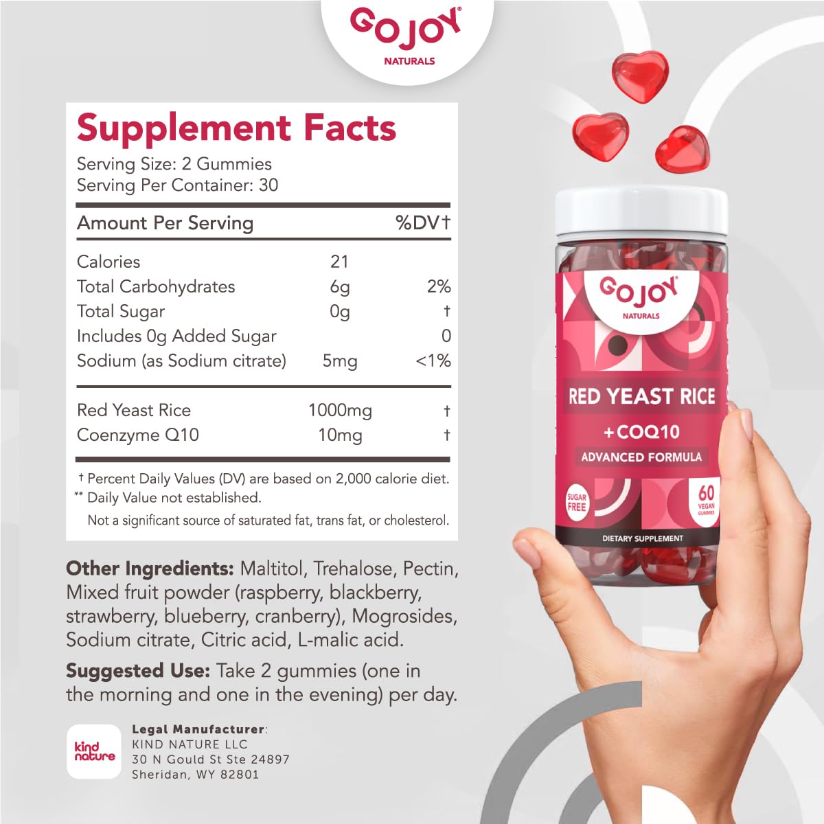 Sugar-Free Red Yeast Rice with CoQ10 Gummies - Vegan Cholesterol Supplements - Gluten-Free & Non-GMO Cholesterol Gummies - 1000 mg Red Rice Yeast Complex - Citrinin-Free Formula
