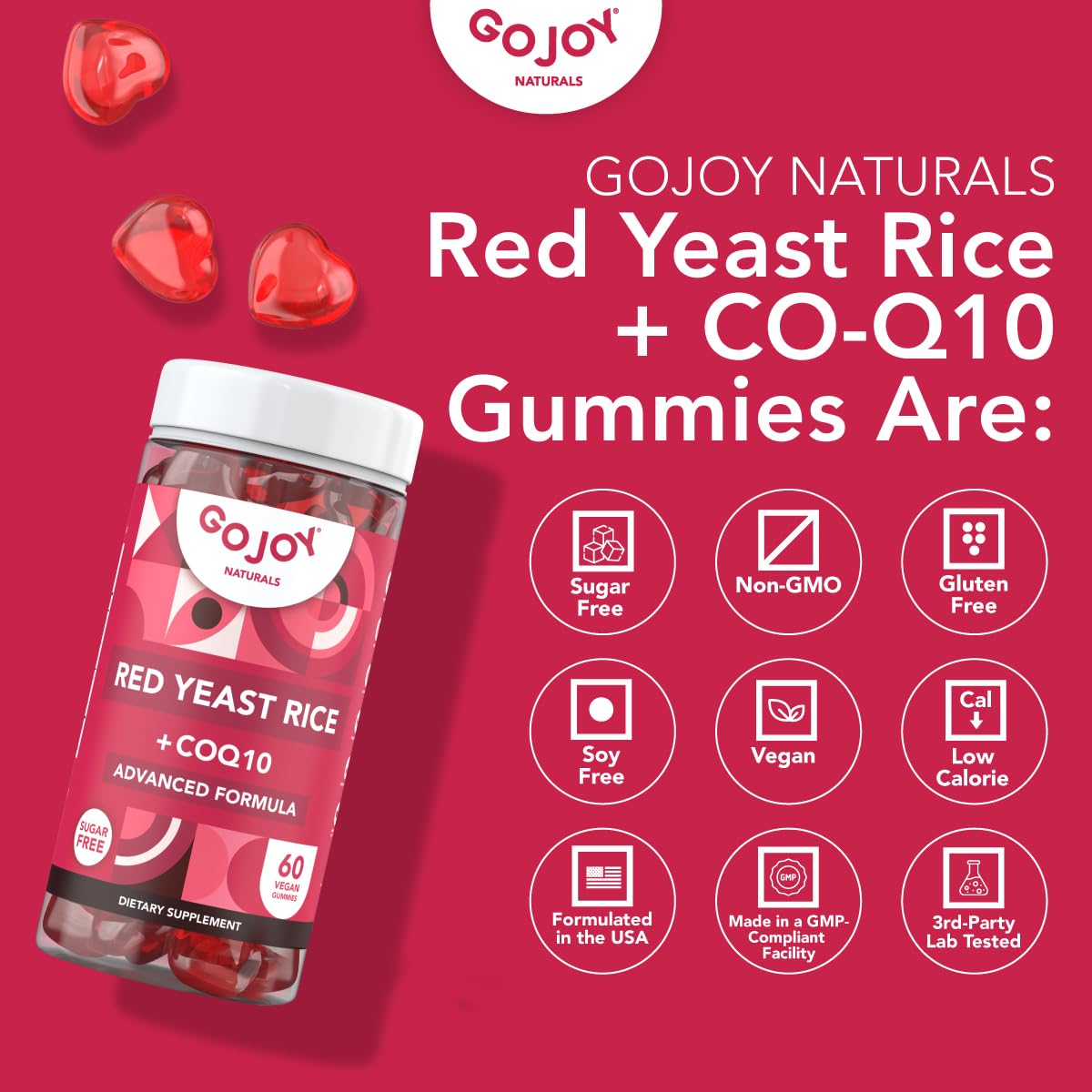 Sugar-Free Red Yeast Rice with CoQ10 Gummies - Vegan Cholesterol Supplements - Gluten-Free & Non-GMO Cholesterol Gummies - 1000 mg Red Rice Yeast Complex - Citrinin-Free Formula