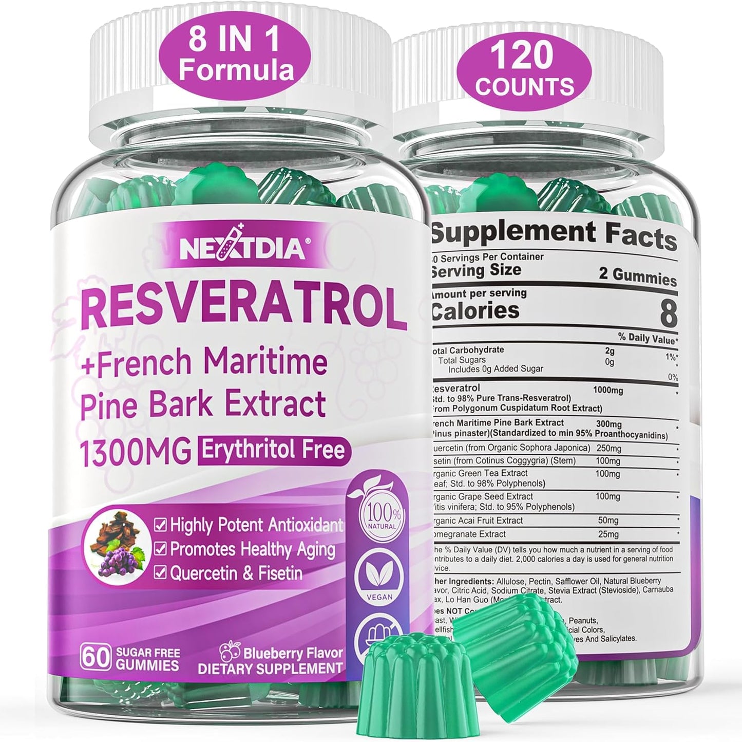 Sugar-Free Resveratrol Gummies with Pine Bark Extract - Nextdia Supplement with Quercetin, Fisetin, Grape Seed - 120 Count