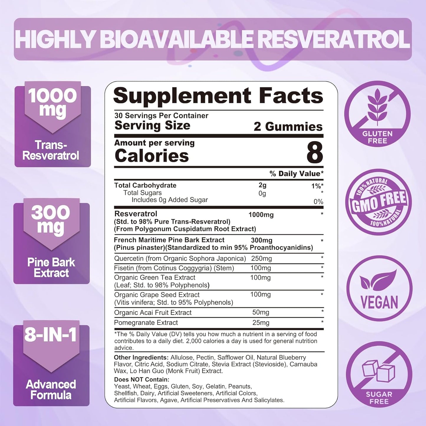 Sugar-Free Resveratrol Gummies with Pine Bark Extract - Nextdia Supplement with Quercetin, Fisetin, Grape Seed - 120 Count