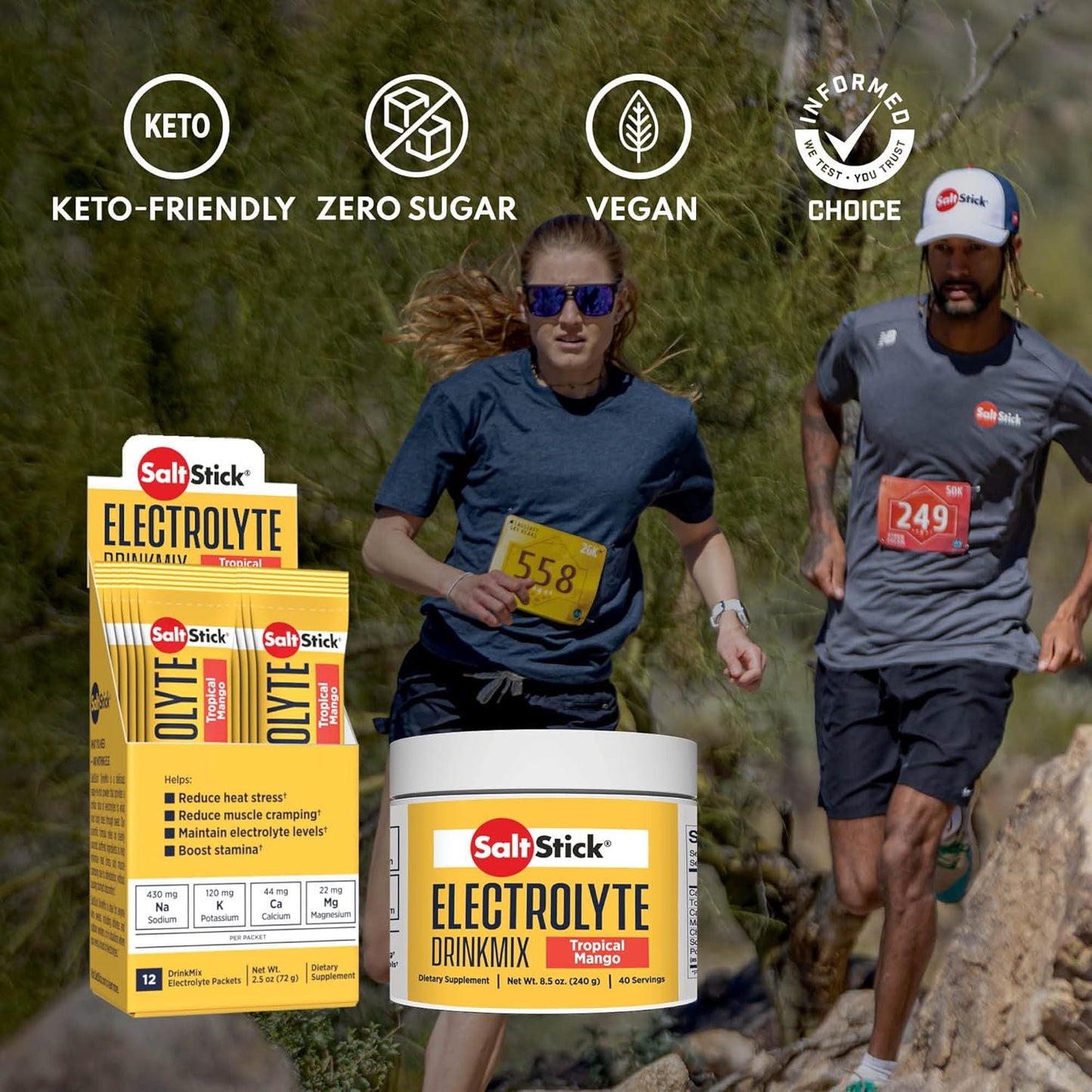 Sugar-Free SaltStick DrinkMix Electrolyte Powder - Tropical Mango Flavor - Hydration Drink Mix with Zero Sugar and No Artificial Sweeteners - 12 Servings