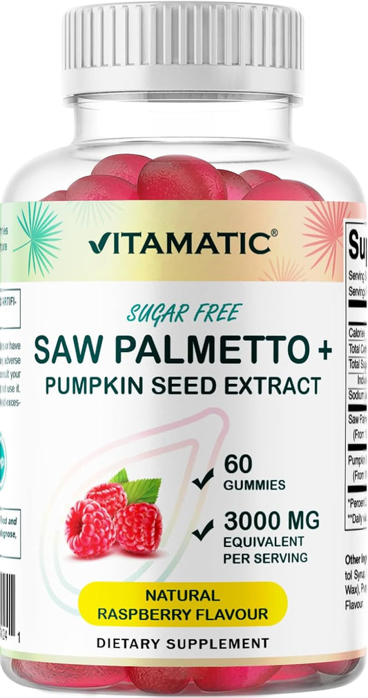 Sugar-Free Saw Palmetto with Pumpkin Seed - 3000mg per Serving - Natural Raspberry Flavor - 60 Count Bottle