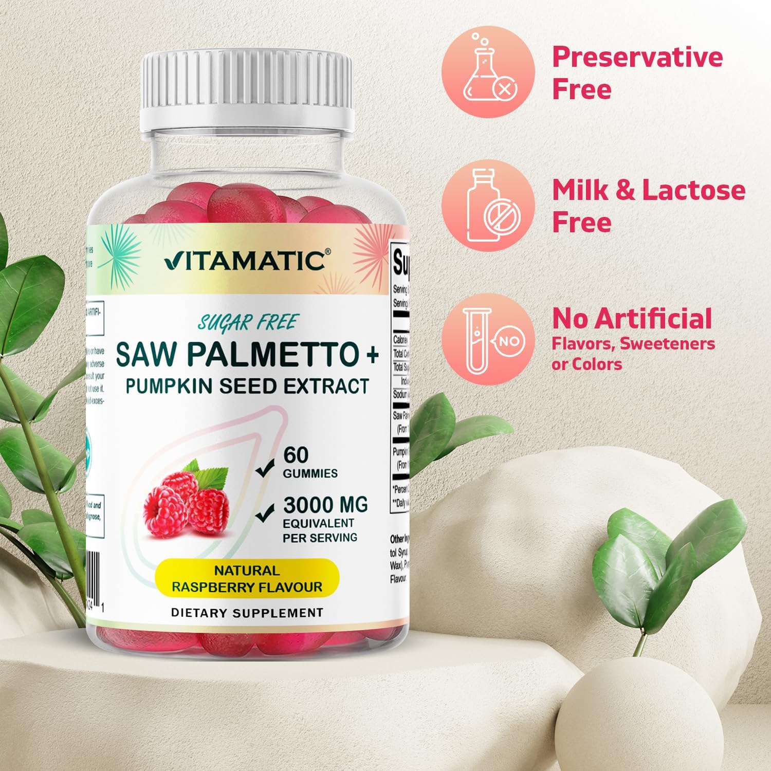 Sugar-Free Saw Palmetto with Pumpkin Seed - 3000mg per Serving - Natural Raspberry Flavor - 60 Count Bottle