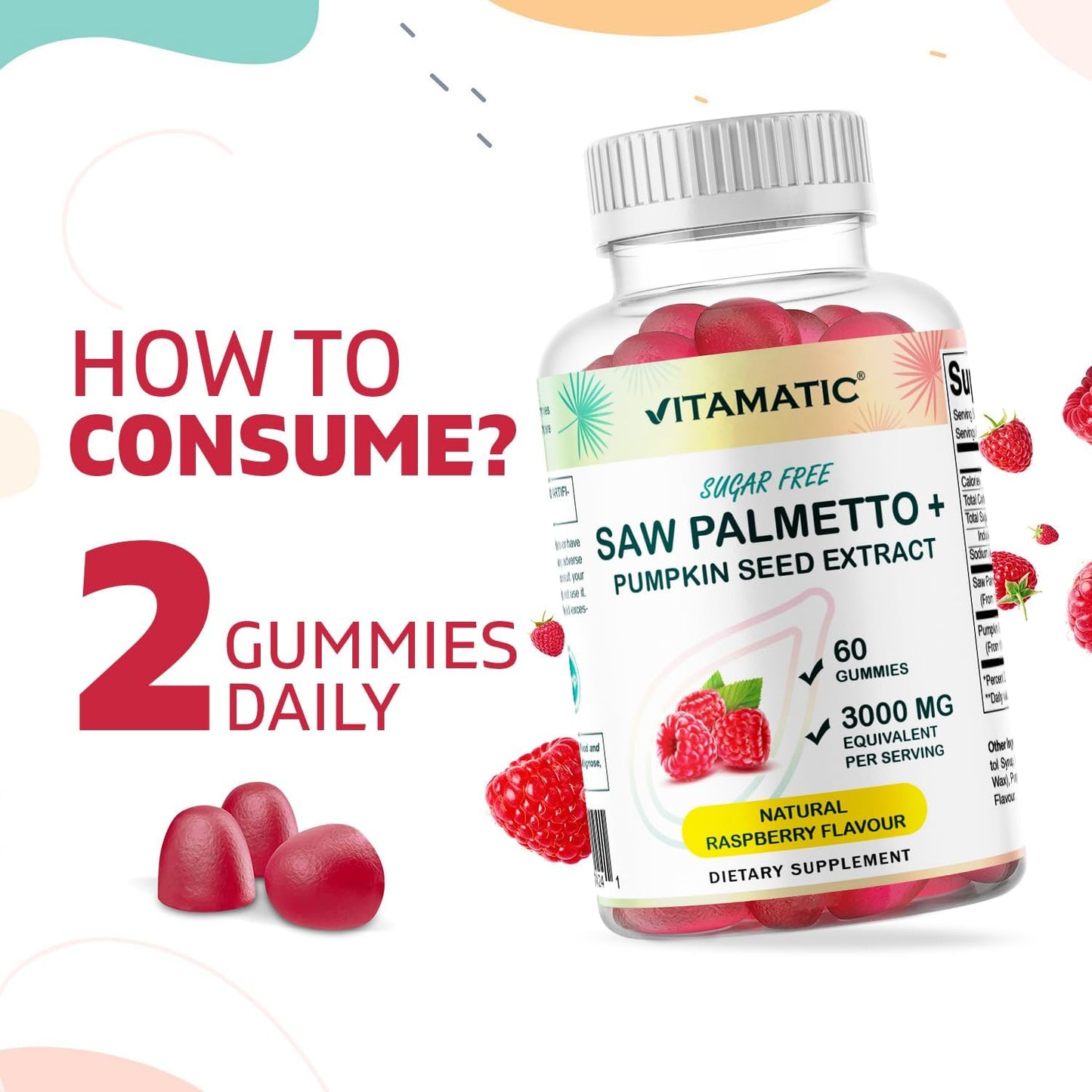 Sugar-Free Saw Palmetto with Pumpkin Seed - 3000mg per Serving - Natural Raspberry Flavor - 60 Count Bottle