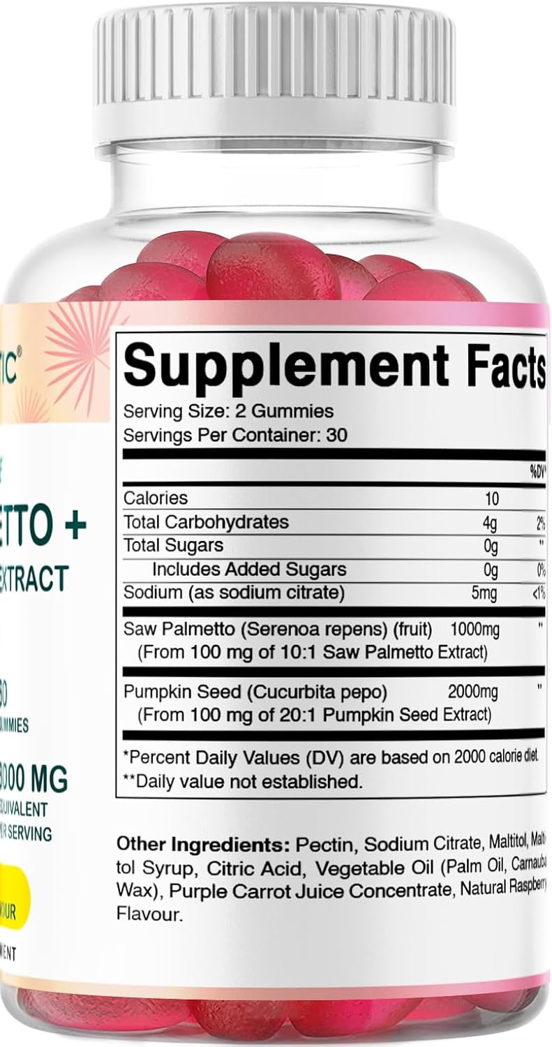 Sugar-Free Saw Palmetto with Pumpkin Seed - 3000mg per Serving - Natural Raspberry Flavor - 60 Count Bottle
