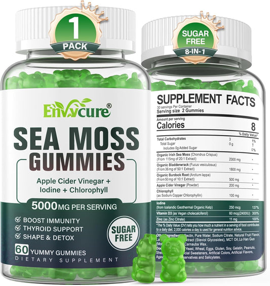 Sugar-Free Sea Moss Gummies with Iodine, Chlorophyll, and D3 for Immune Support and Detox - Vegan Supplement with Irish Moss Gel, Unfiltered ACV, Burdock Root, Bladderwrack - 1 Pack, Extra Strength