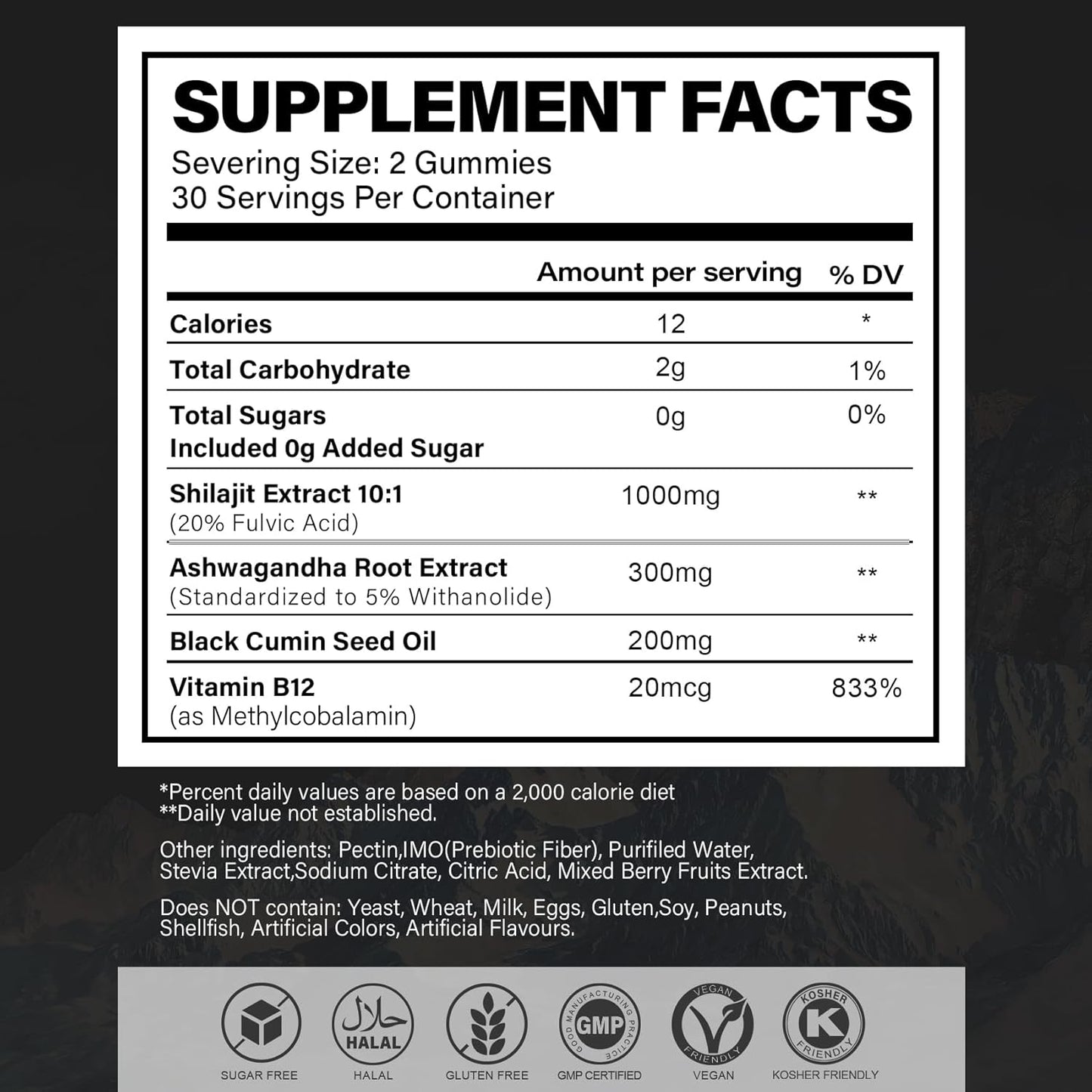 Sugar-Free Shilajit Gummies 1000mg with Ashwagandha - Energy & Immunity Support - Mixed Berry Flavor - 120 Gummies