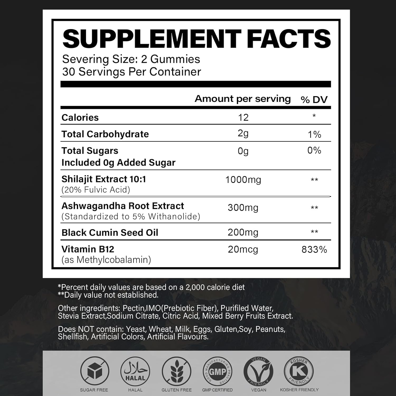 Sugar-Free Shilajit Gummies 1000mg with Ashwagandha - Energy & Immunity Support - Mixed Berry Flavor - 120 Gummies