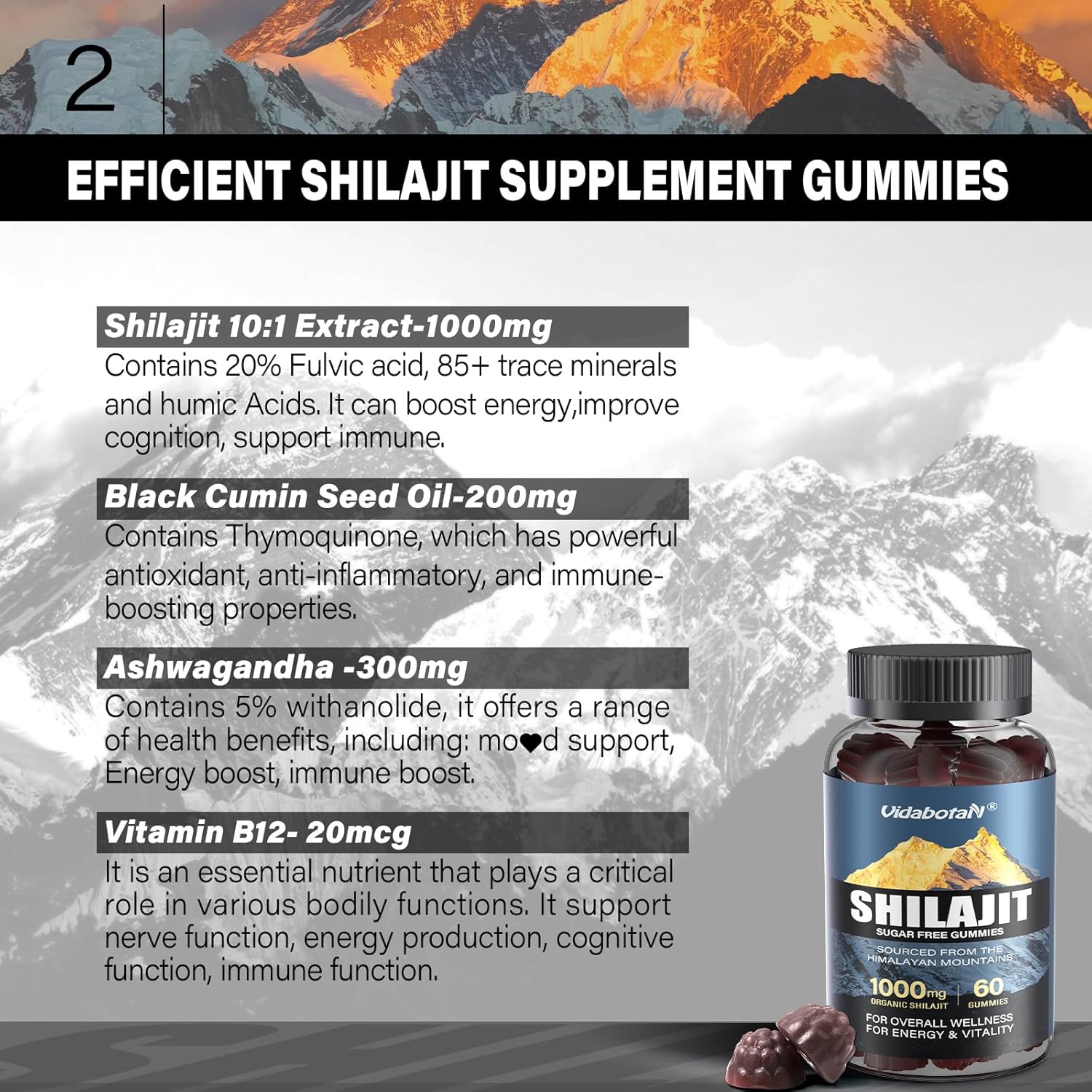 Sugar-Free Shilajit Gummies 1000mg with Ashwagandha - Energy & Immunity Support - Mixed Berry Flavor - 120 Gummies
