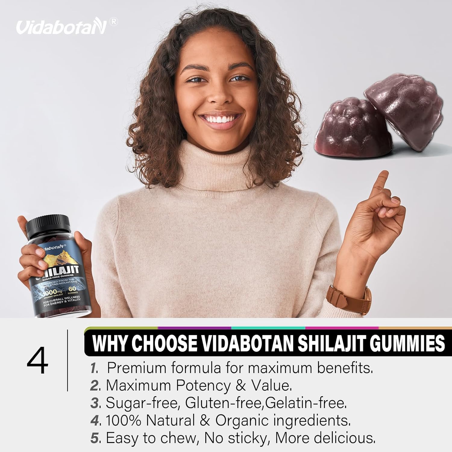 Sugar-Free Shilajit Gummies 1000mg with Ashwagandha - Energy & Immunity Support - Mixed Berry Flavor - 120 Gummies