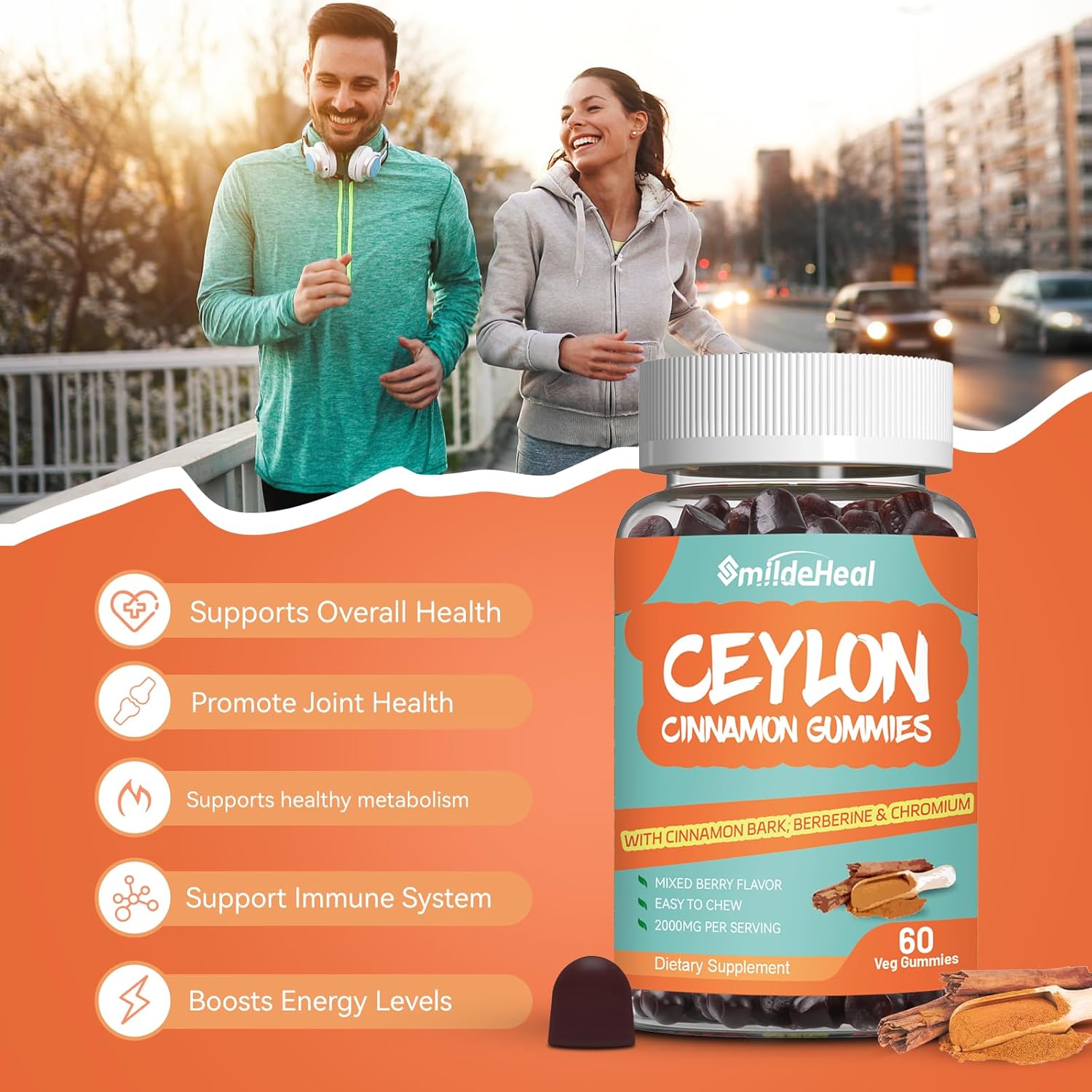 Sugar Free SmildeHeal Ceylon Cinnamon Gummies 2000MG with Chromium and Cinnamon Bark - Vegan, Non-GMO, Gluten Free - 2 Pack, 120 Gummies - BoostGo Australia