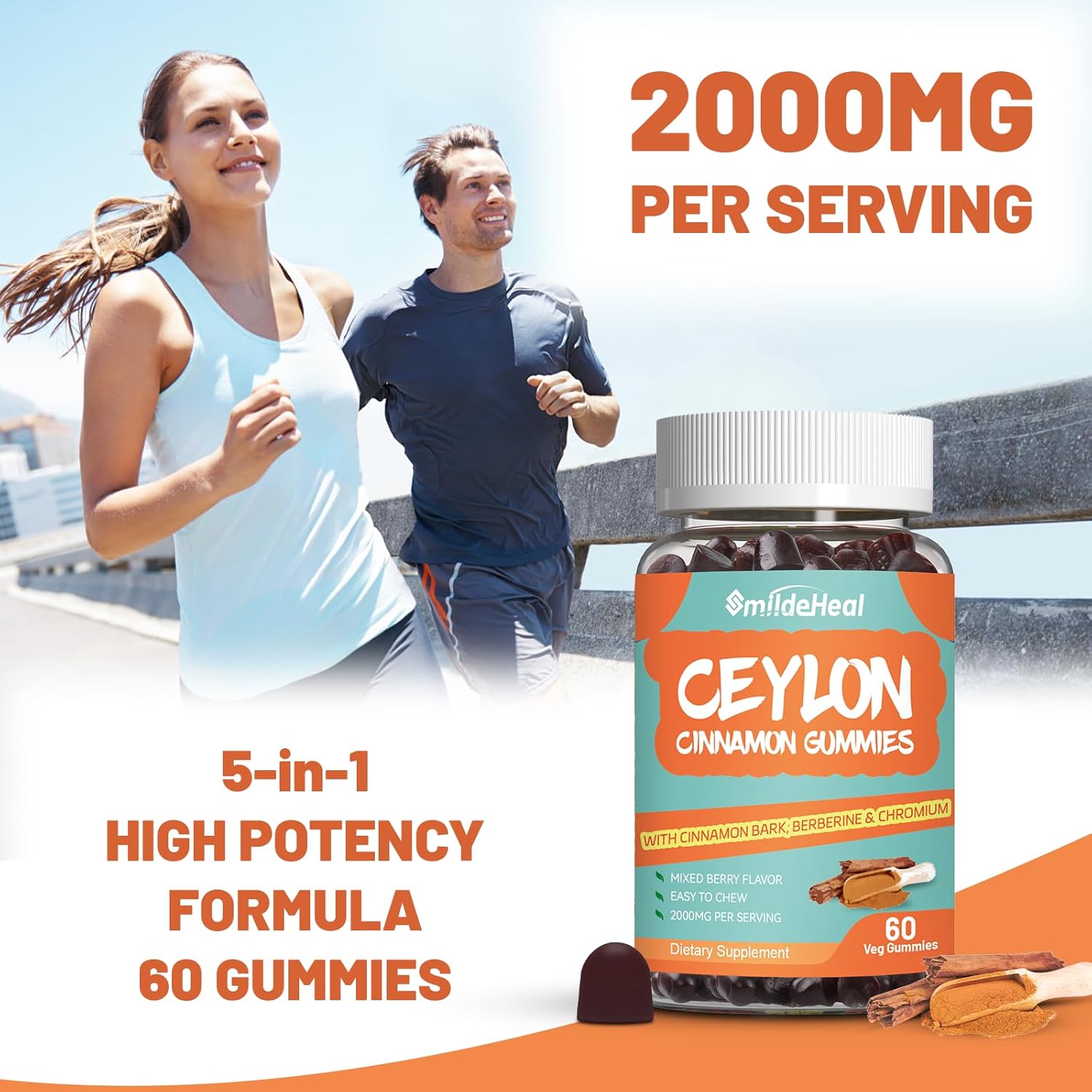 Sugar Free SmildeHeal Ceylon Cinnamon Gummies 2000MG with Chromium and Cinnamon Bark - Vegan, Non-GMO, Gluten Free - 2 Pack, 120 Gummies - BoostGo Australia