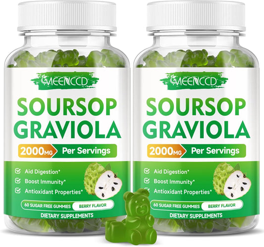 Sugar-Free Soursop Graviola Gummies - 2000mg Extract with Vitamin C & Zinc for Immunity & Antioxidant Support - Vegan, High-Absorption - 120 Berry Flavor Gummies