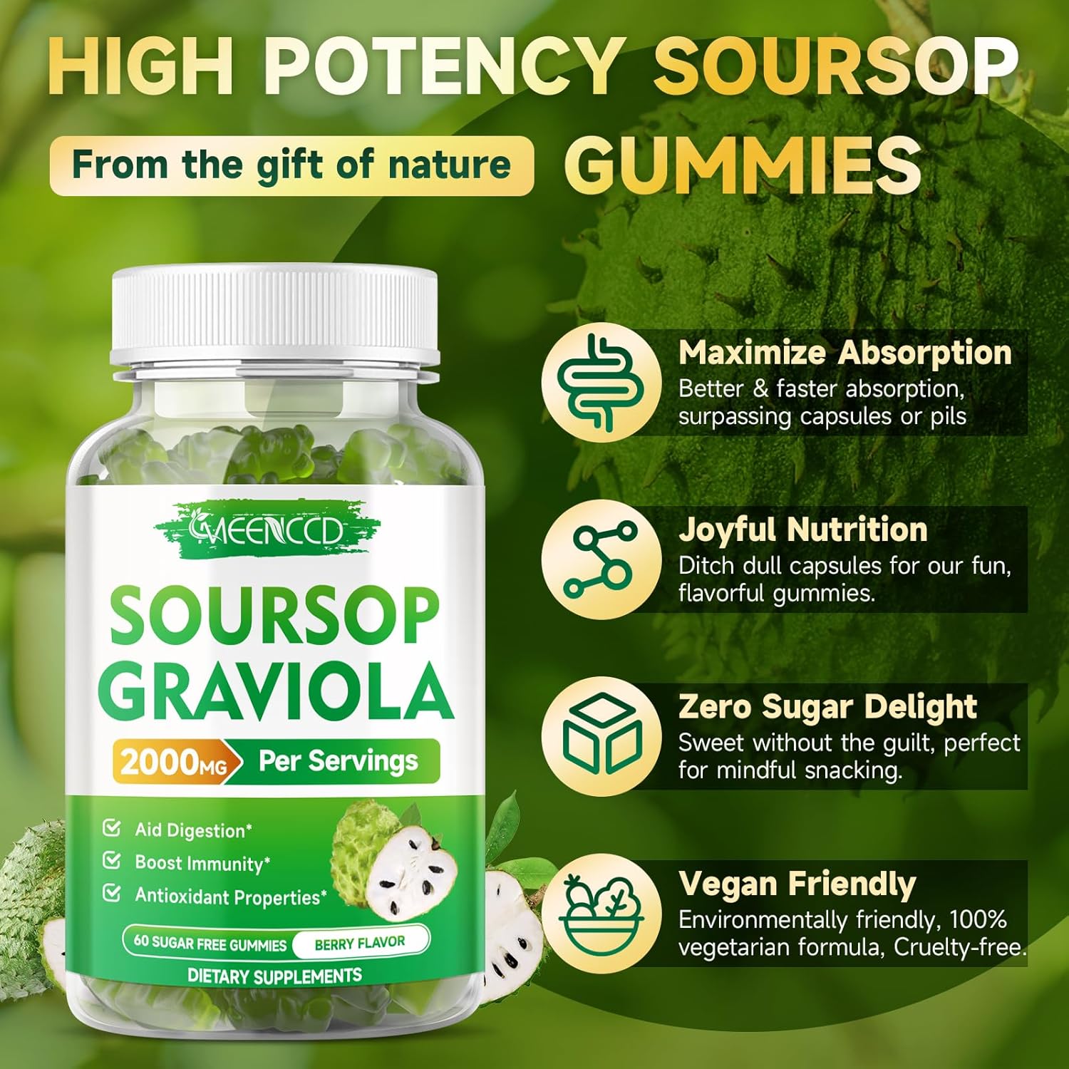 Sugar-Free Soursop Graviola Gummies - 2000mg Extract with Vitamin C & Zinc for Immunity & Antioxidant Support - Vegan, High-Absorption - 120 Berry Flavor Gummies