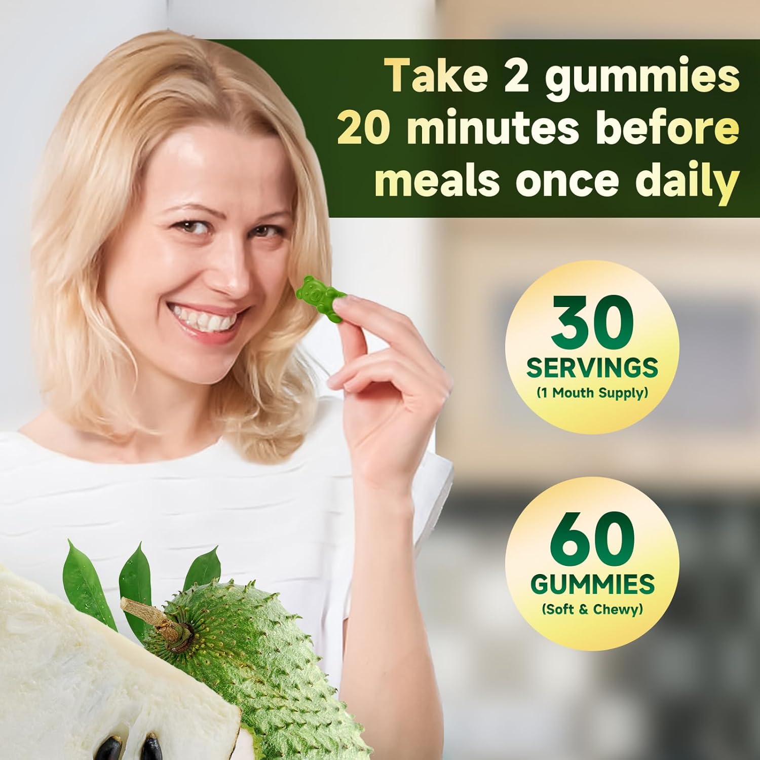 Sugar-Free Soursop Graviola Gummies - 2000mg Extract with Vitamin C & Zinc for Immunity & Antioxidant Support - Vegan, High-Absorption - 120 Berry Flavor Gummies