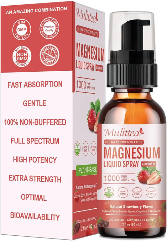 Sugar-Free Strawberry Flavored Magnesium Spray with Whole Vitamin, L-Theanine, D3K2, B6 for Heart Health, Leg Cramps, Muscles, and Energy - 2 Fl Oz