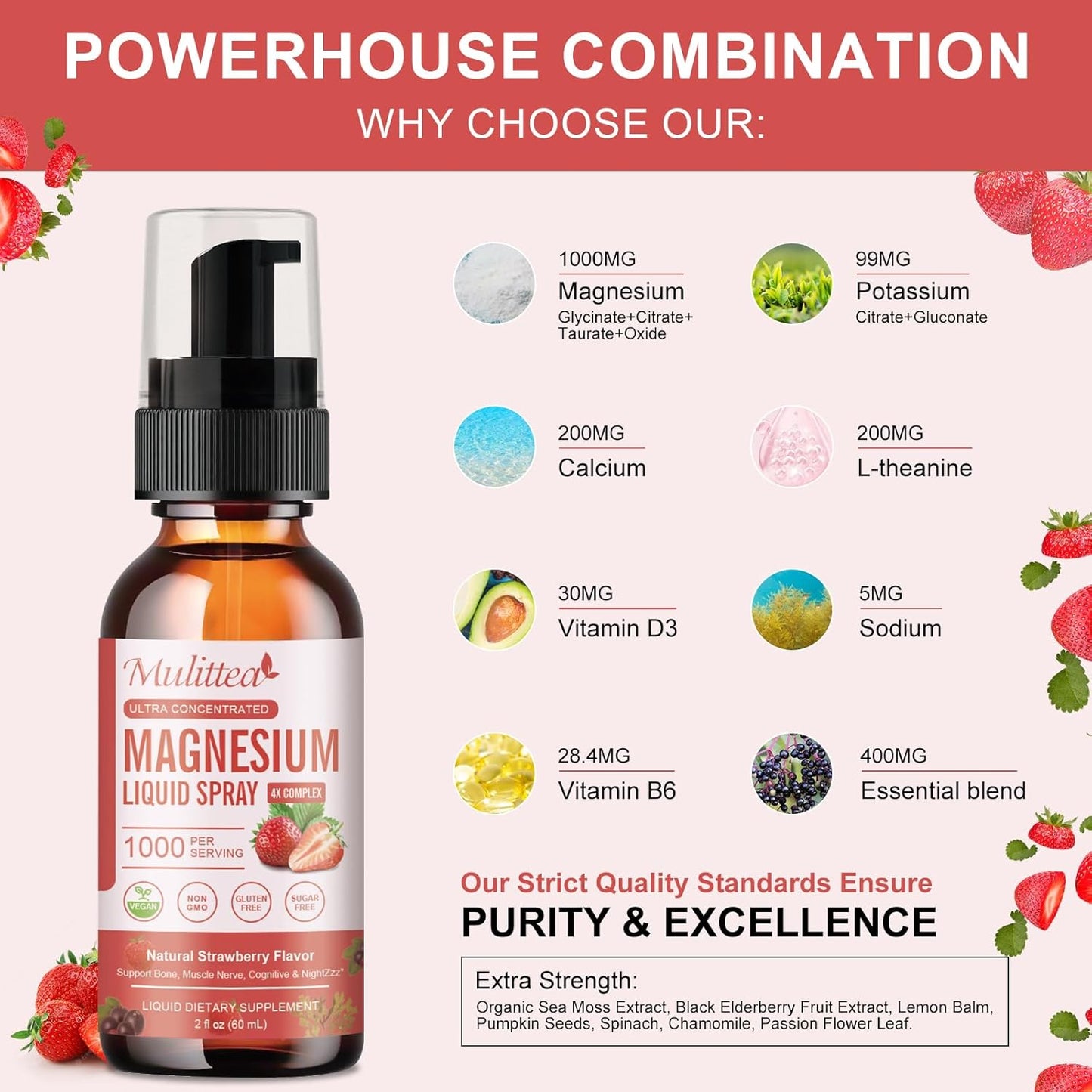 Sugar-Free Strawberry Flavored Magnesium Spray with Whole Vitamin, L-Theanine, D3K2, B6 for Heart Health, Leg Cramps, Muscles, and Energy - 2 Fl Oz