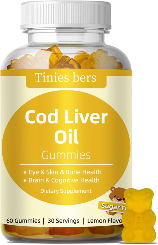Sugar-Free Tinies Cod Liver Oil Gummies 1000mg, Omega-3 & Vitamin A&D for Brain, Heart, Eye, Bone Health - 60 Count