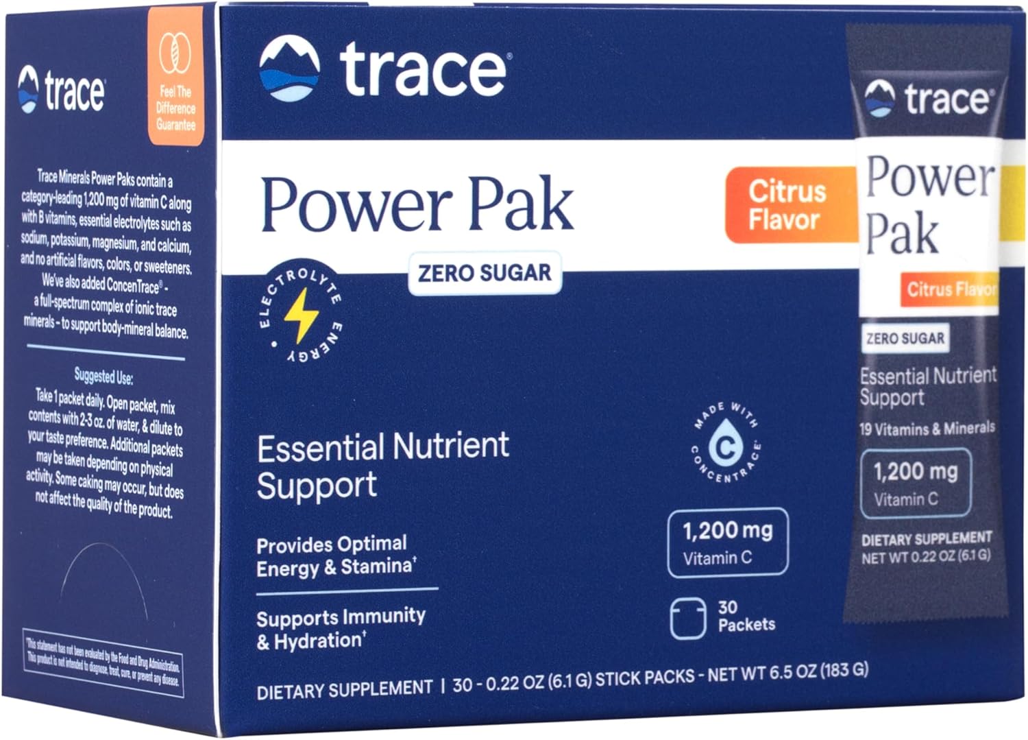 Sugar-Free Trace Minerals Power Pak Drink Mix - Boost Immune & Energy Health - Vitamin & Mineral Powder for Hydration - Citrus Flavor, 30 Packets