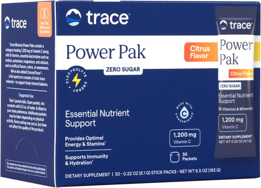 Sugar-Free Trace Minerals Power Pak Drink Mix - Boost Immune & Energy Health - Vitamin & Mineral Powder for Hydration - Citrus Flavor, 30 Packets