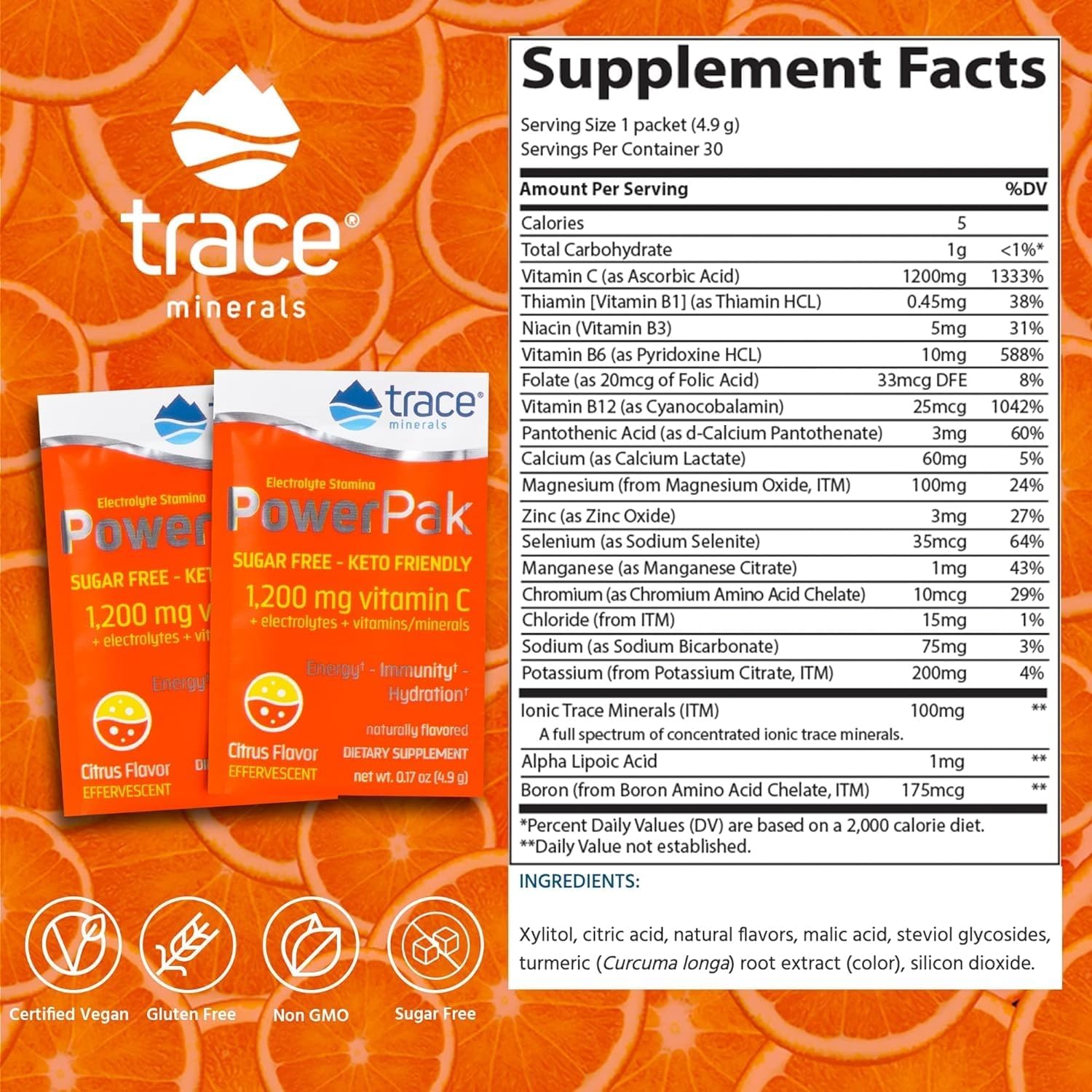 Sugar-Free Trace Minerals Power Pak Drink Mix - Boost Immune & Energy Health - Vitamin & Mineral Powder for Hydration - Citrus Flavor, 30 Packets
