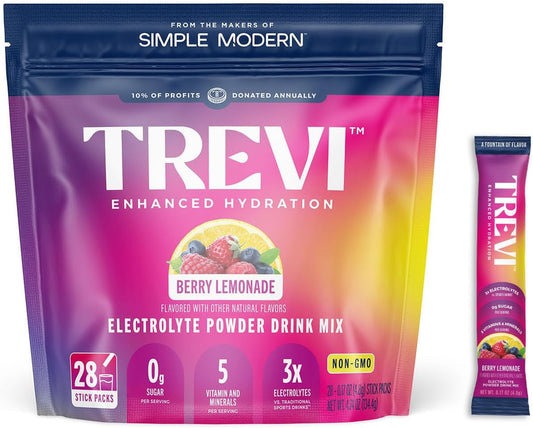 Sugar-Free TREVI™ Electrolyte Powder Packets with Himalayan Pink Salt - Hydration Drink Mix with Vitamins & Minerals - Berry Lemonade Flavor - 28 Ct