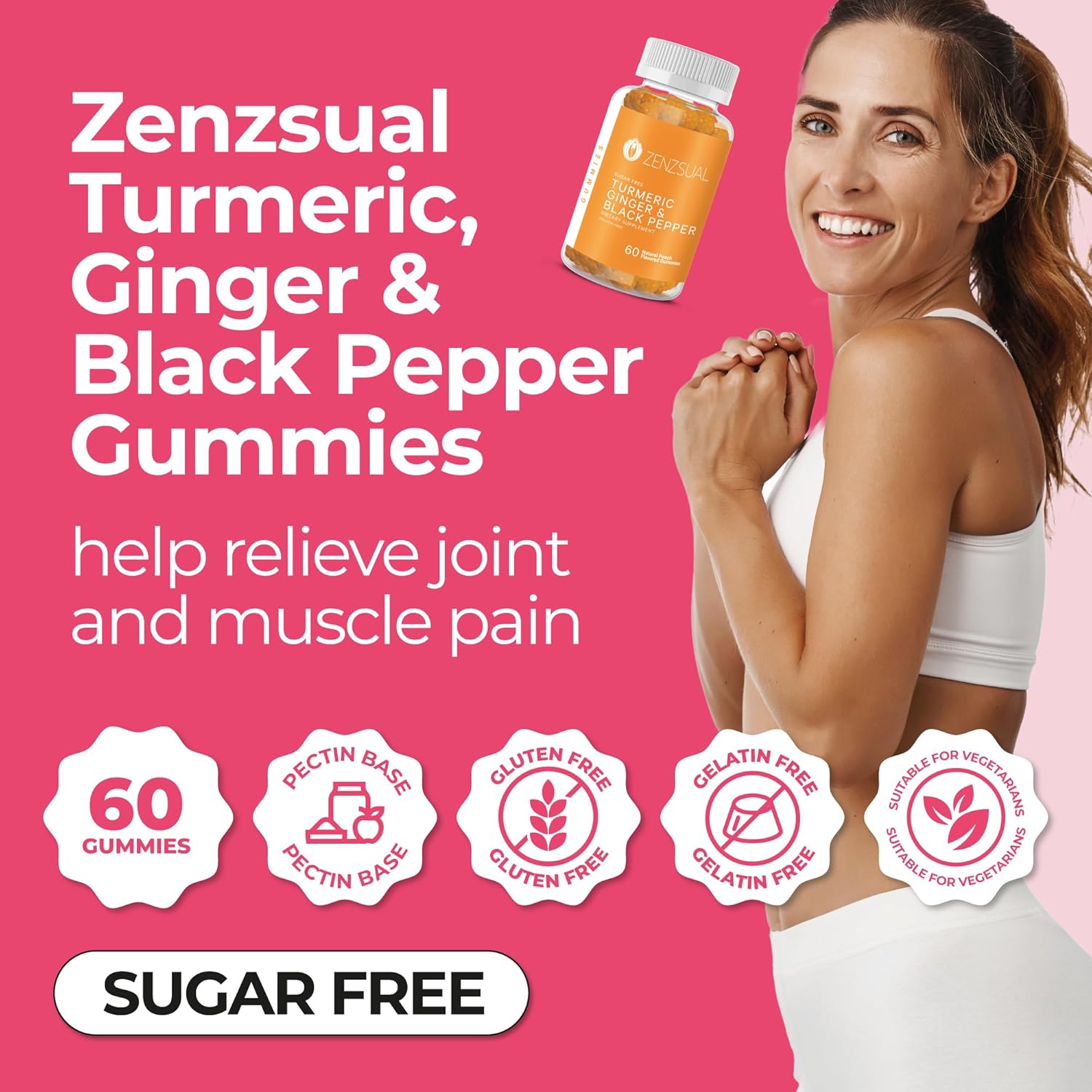 Sugar-Free Turmeric, Ginger, and Black Pepper Gummies - Immune Support & Joint Health - Natural Peach Flavored Dietary Supplement for Healthy Skin - 60 Gummies