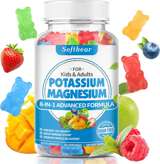 Sugar-Free Vegan Mixed Fruit Flavored Potassium Gummies with High Absorption Magnesium & Vitamin B6 for Leg Cramps - 60 Gummies