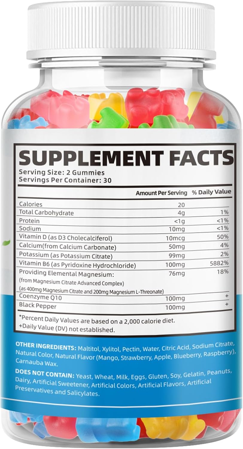 Sugar-Free Vegan Mixed Fruit Flavored Potassium Gummies with High Absorption Magnesium & Vitamin B6 for Leg Cramps - 60 Gummies