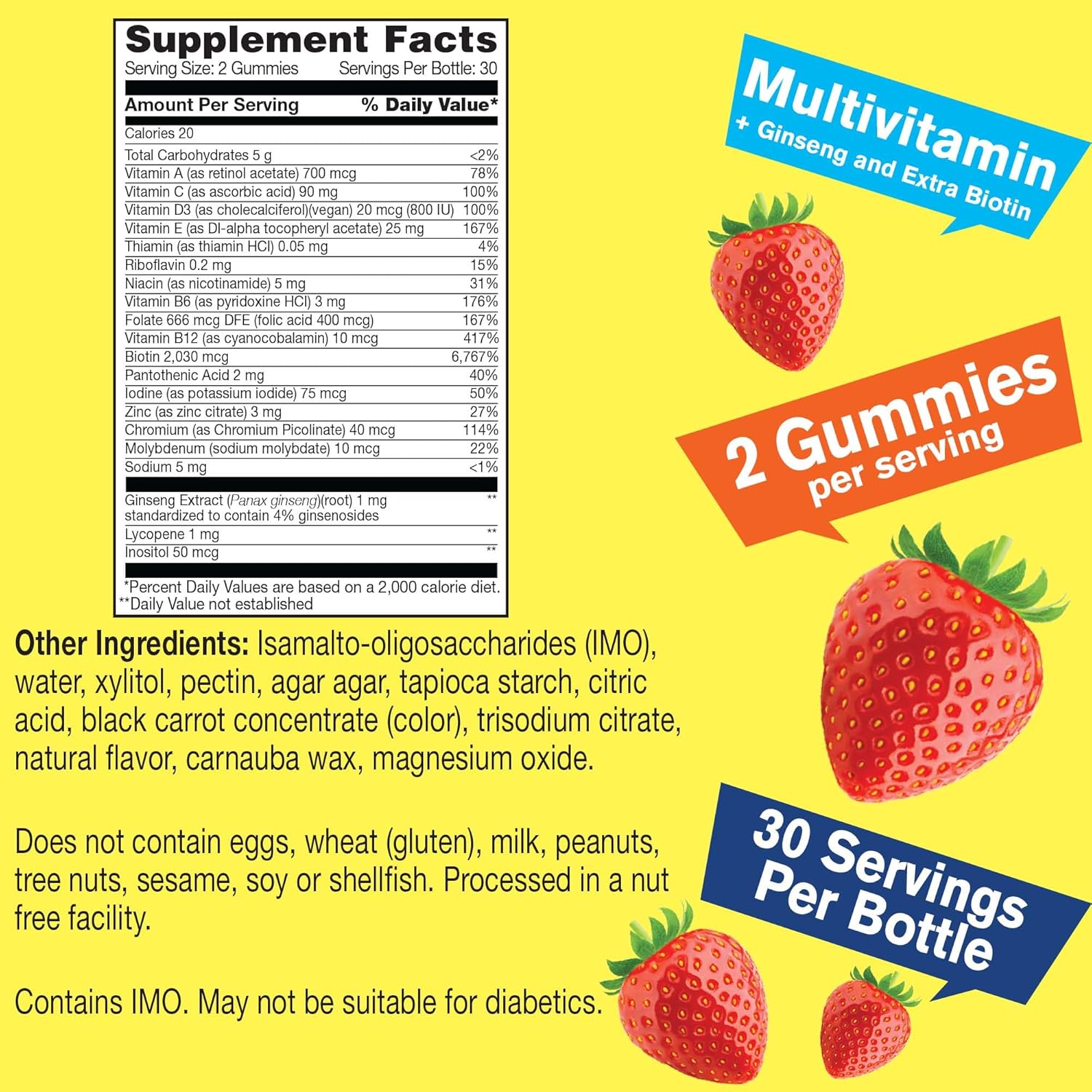 Sugar-Free Vegan Multivitamin Gummies with Ginseng and Essential Nutrients - 60 Gummies