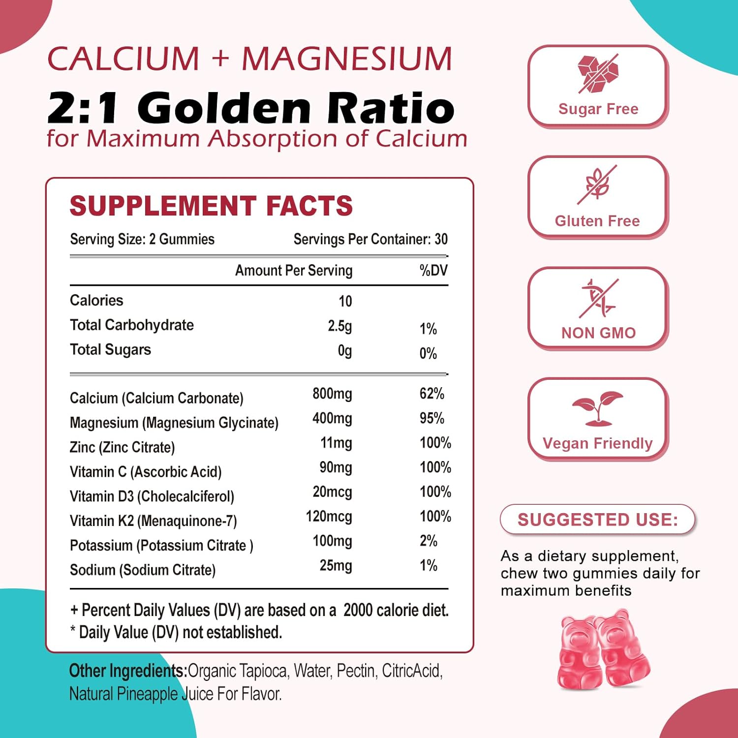 Sugar-Free Vegan Peach Flavored Calcium Gummies with Vitamin D3 K2 for Bone Strength - 60 Count