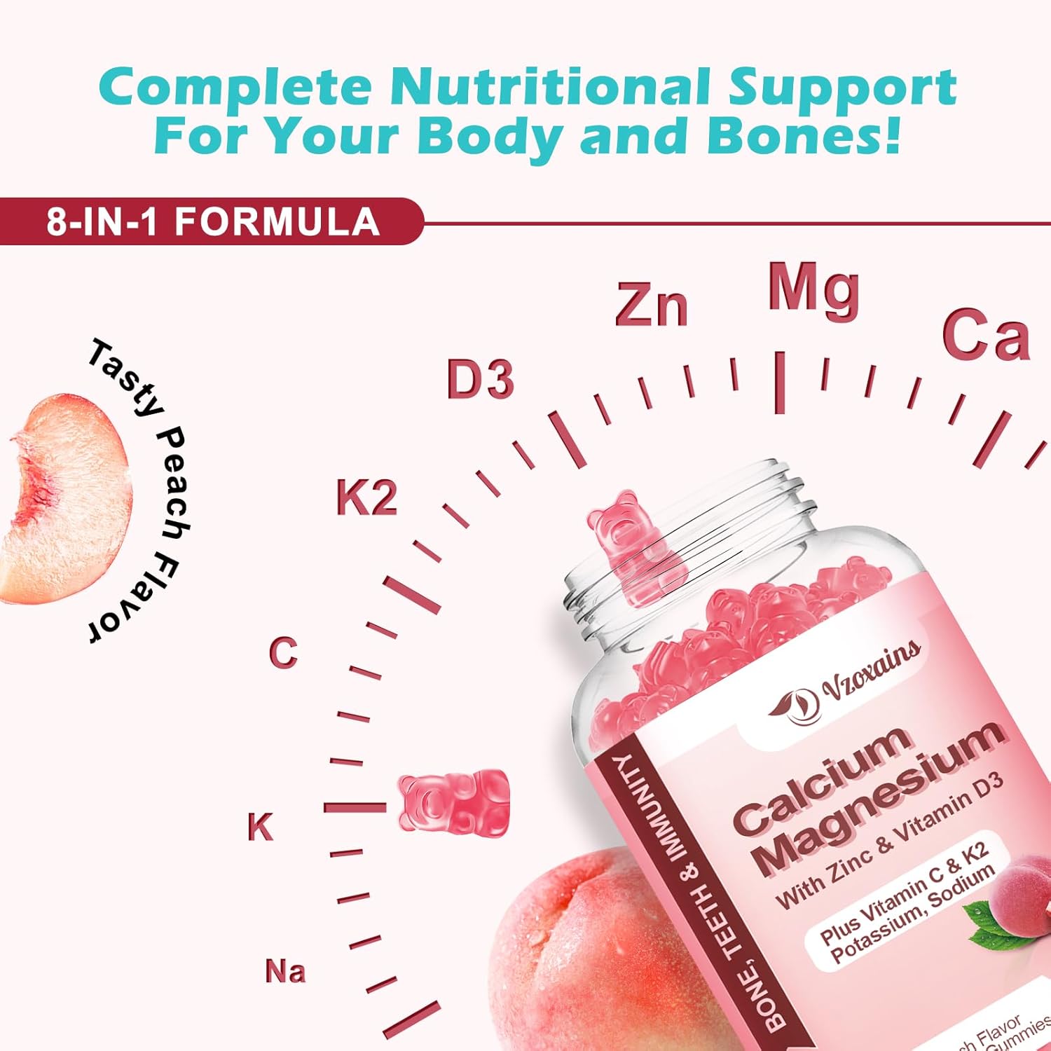 Sugar-Free Vegan Peach Flavored Calcium Gummies with Vitamin D3 K2 for Bone Strength - 60 Count