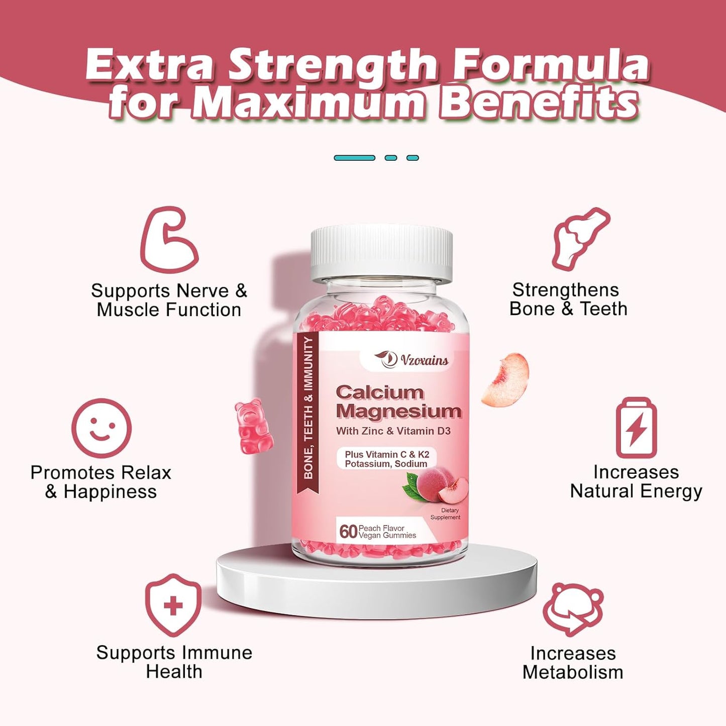 Sugar-Free Vegan Peach Flavored Calcium Gummies with Vitamin D3 K2 for Bone Strength - 60 Count