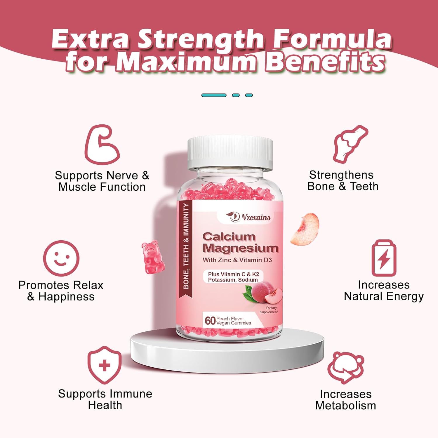 Sugar-Free Vegan Peach Flavored Calcium Gummies with Vitamin D3 K2 for Bone Strength - 60 Count