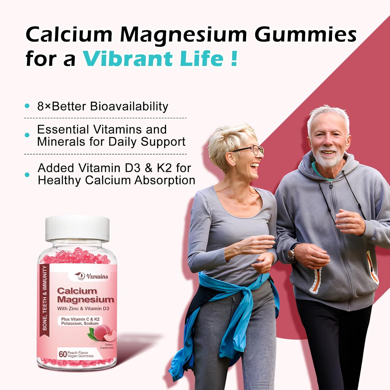 Sugar-Free Vegan Peach Flavored Calcium Gummies with Vitamin D3 K2 for Bone Strength - 60 Count