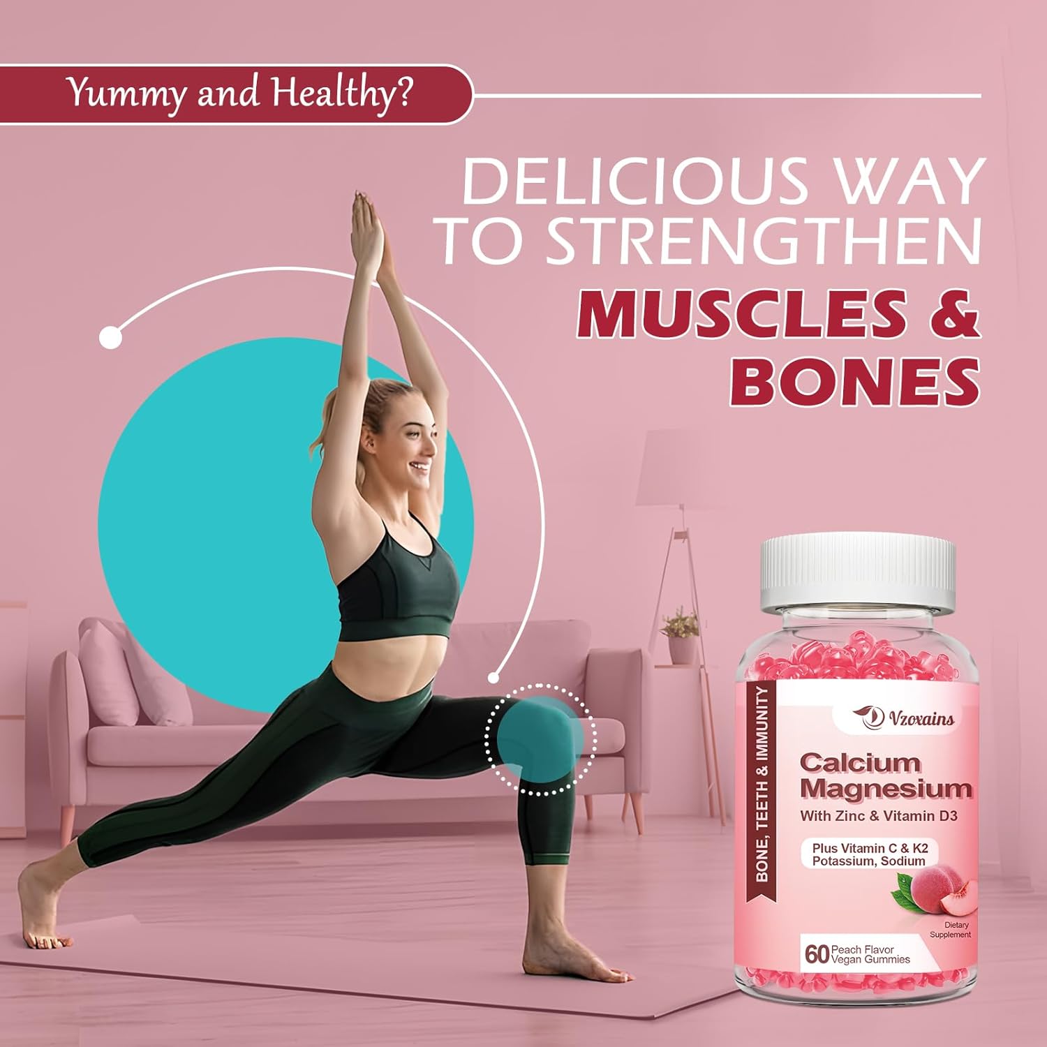 Sugar-Free Vegan Peach Flavored Calcium Gummies with Vitamin D3 K2 for Bone Strength - 60 Count
