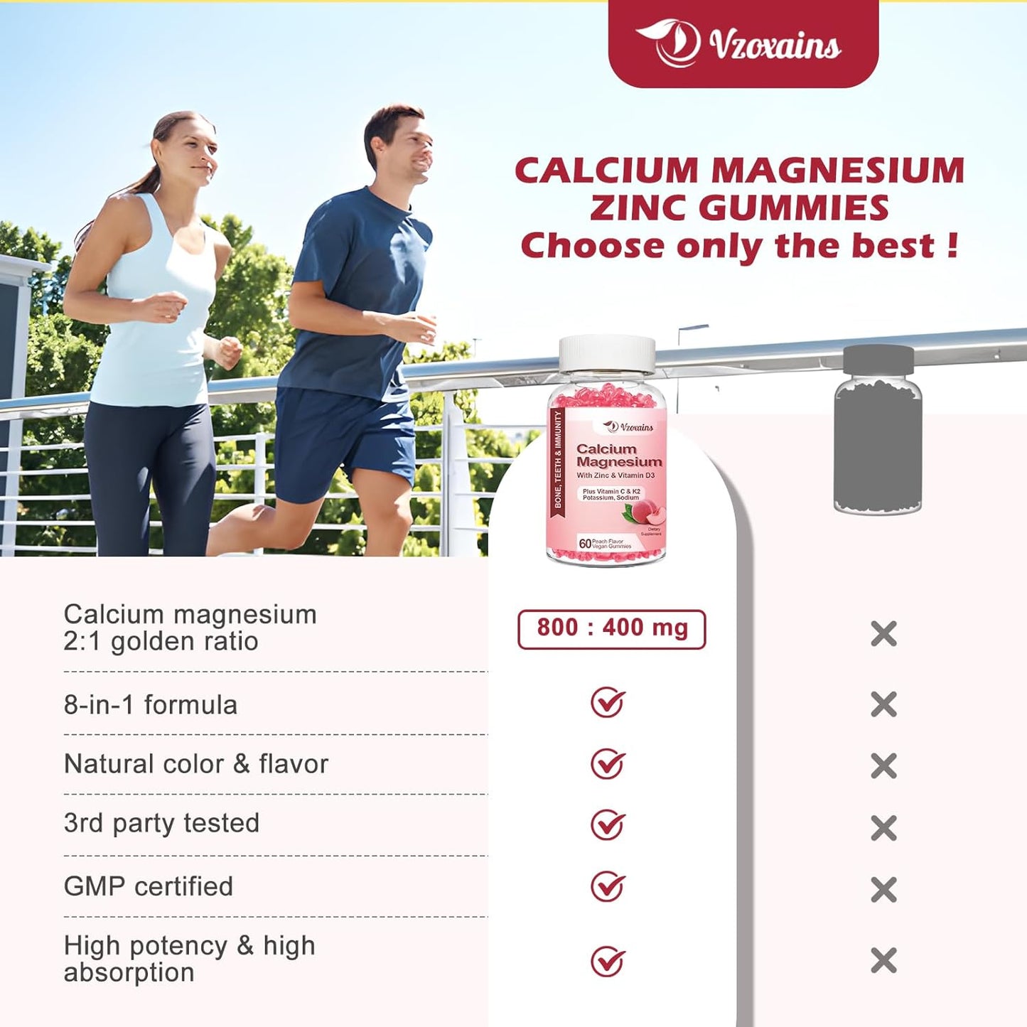 Sugar-Free Vegan Peach Flavored Calcium Gummies with Vitamin D3 K2 for Bone Strength - 60 Count