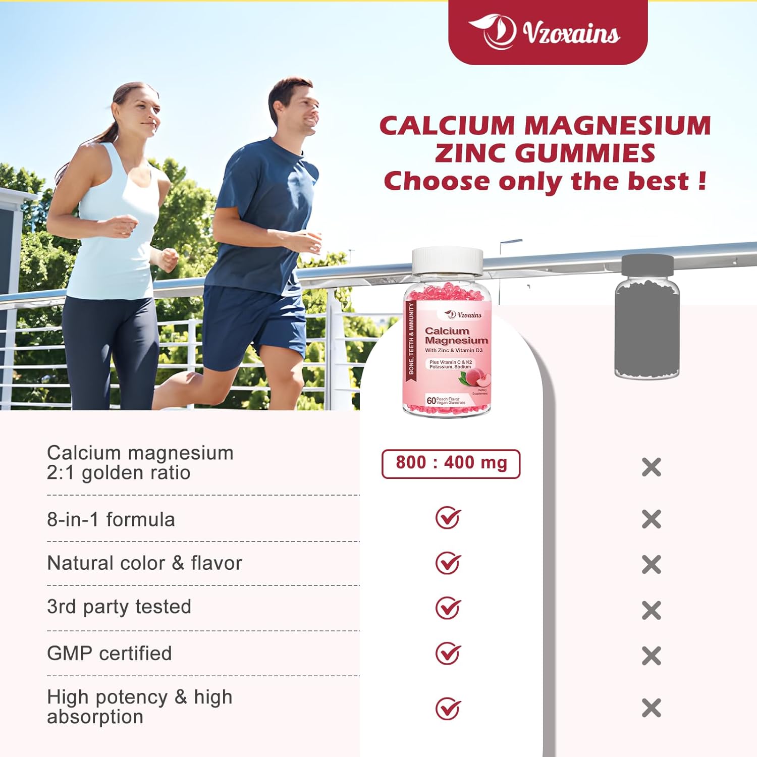 Sugar-Free Vegan Peach Flavored Calcium Gummies with Vitamin D3 K2 for Bone Strength - 60 Count