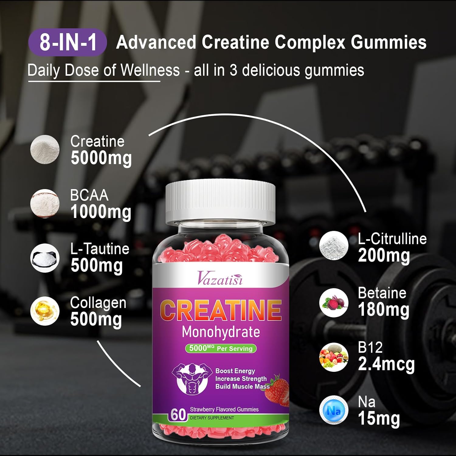 Sugar-Free Vegan Strawberry Creatine Gummies for Women & Men - 60 Count