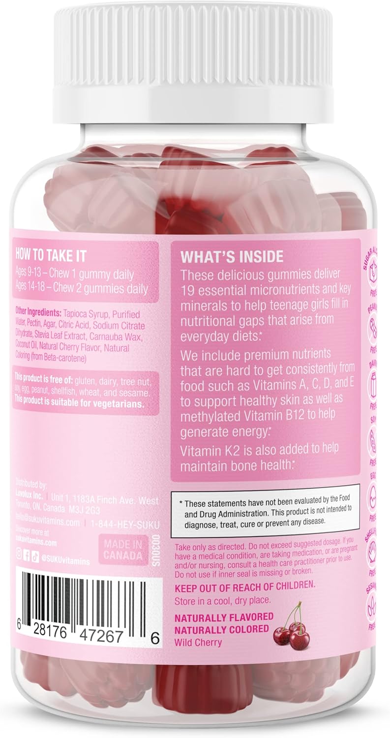 Sugar Free Vegetarian Teen Girl Gummy Vitamins with 19 Essential Nutrients for Bone Strength, Muscle Health, and Energy – Cherry Flavor (60 Count) - BoostGo Australia